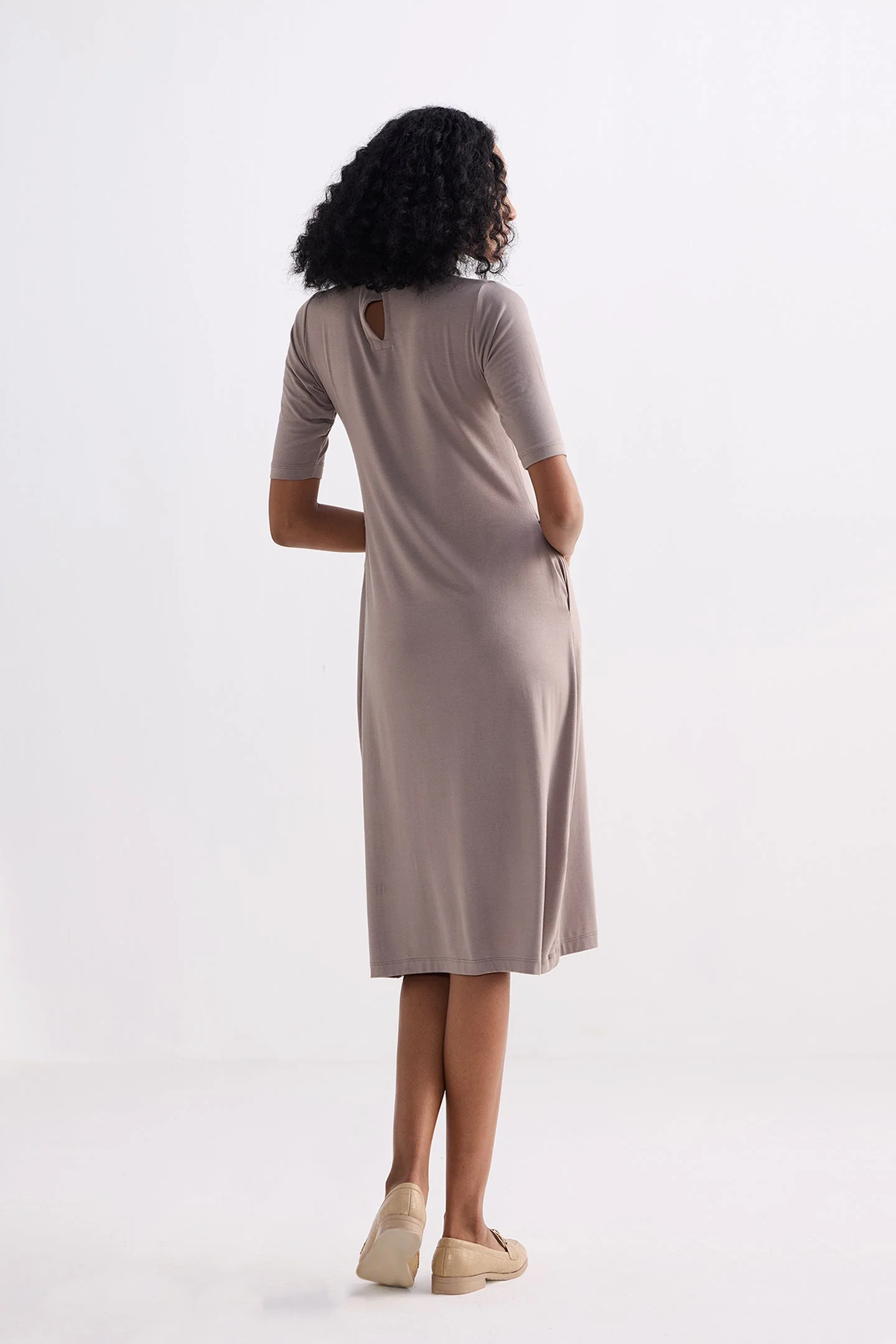 High Crew Neck Elbow Sleeves Fitted Dress in Earth Grey - Image 2