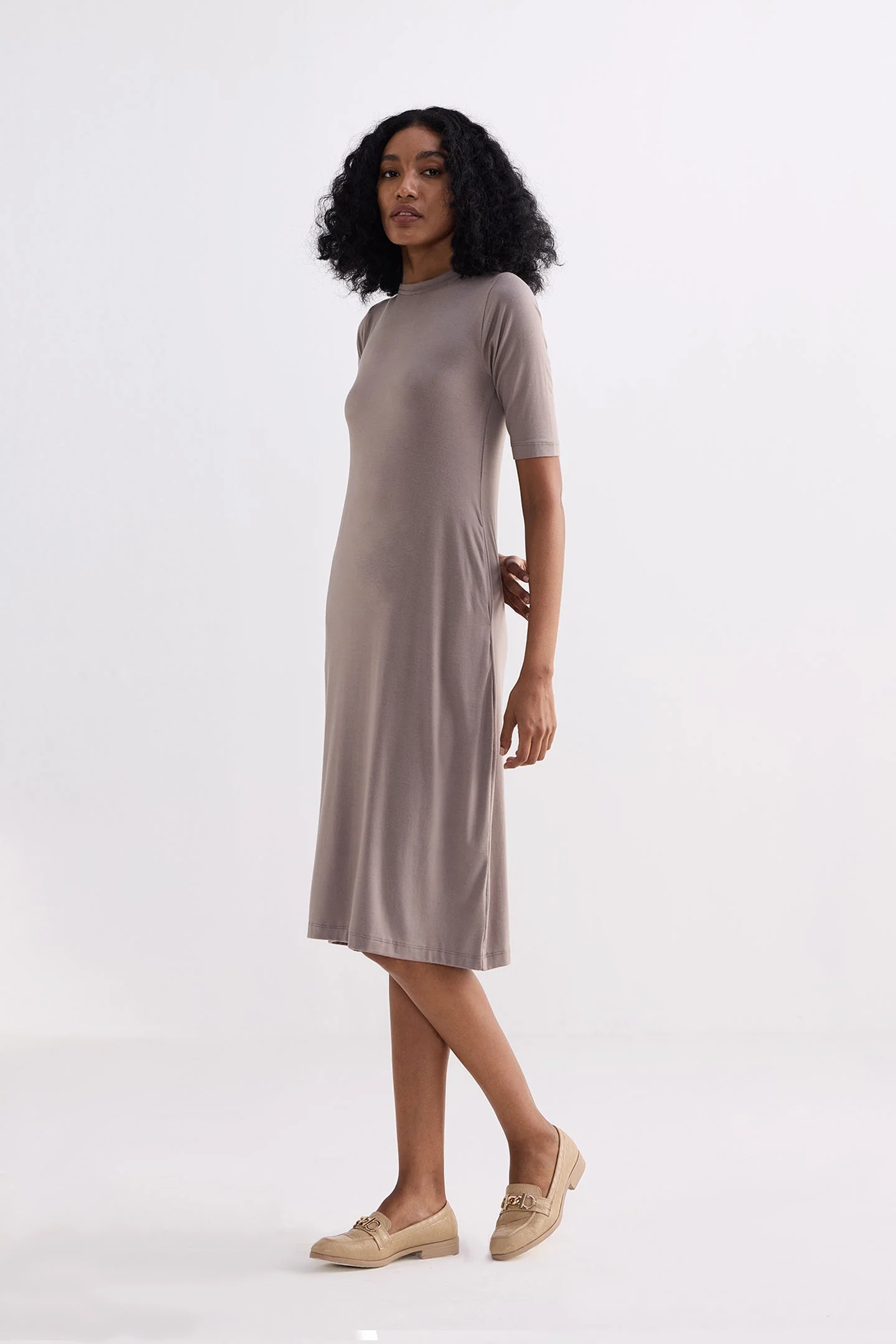 High Crew Neck Elbow Sleeves Fitted Dress in Earth Grey - Image 3