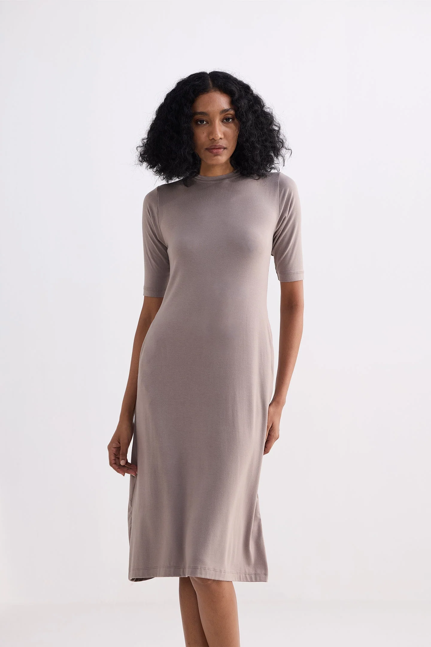 High Crew Neck Elbow Sleeves Fitted Dress in Earth Grey - Image 4