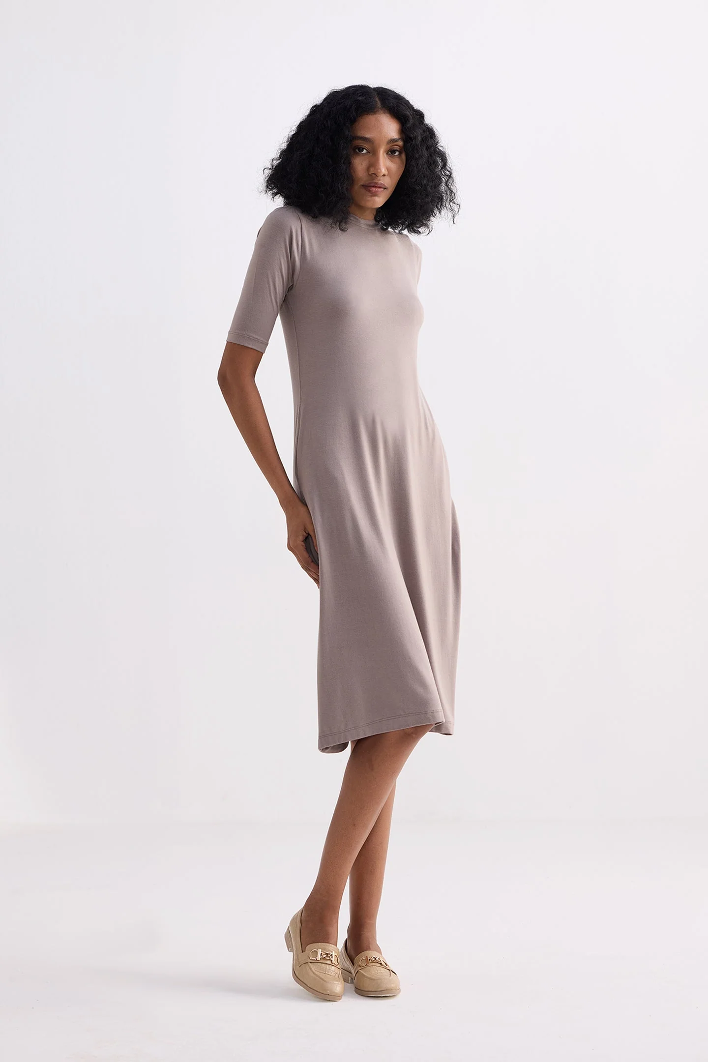 High Crew Neck Elbow Sleeves Fitted Dress in Earth Grey - Image 5