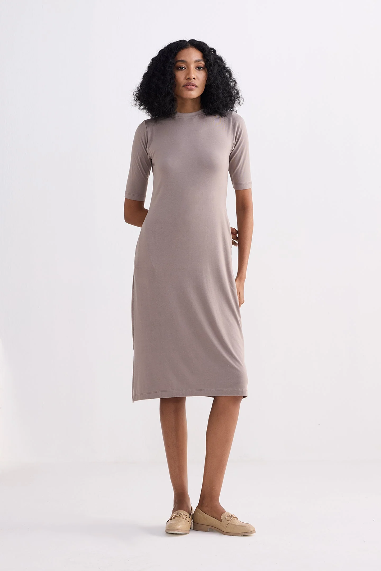 High Crew Neck Elbow Sleeves Fitted Dress in Earth Grey - Image 6