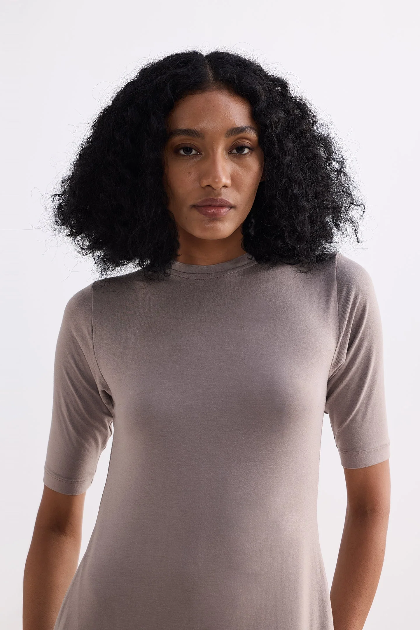 High Crew Neck Elbow Sleeves Fitted Dress in Earth Grey - Image 7