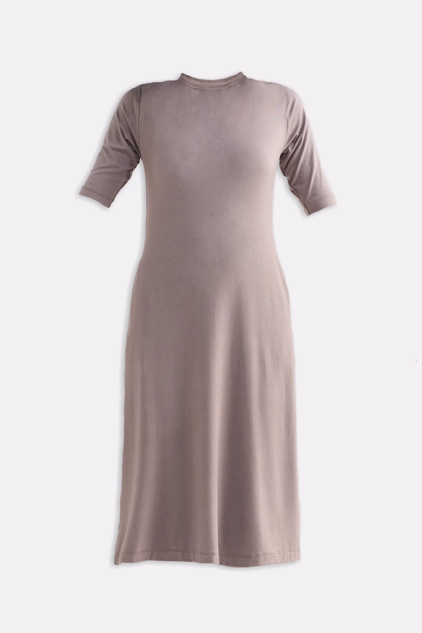 High Crew Neck Elbow Sleeves Fitted Dress in Earth Grey - Image 8