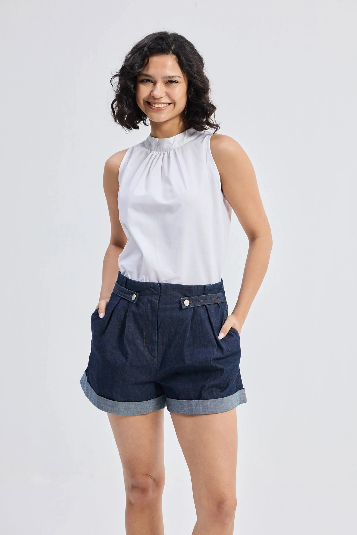 High-Neck Top with Gathers in White - Image 10