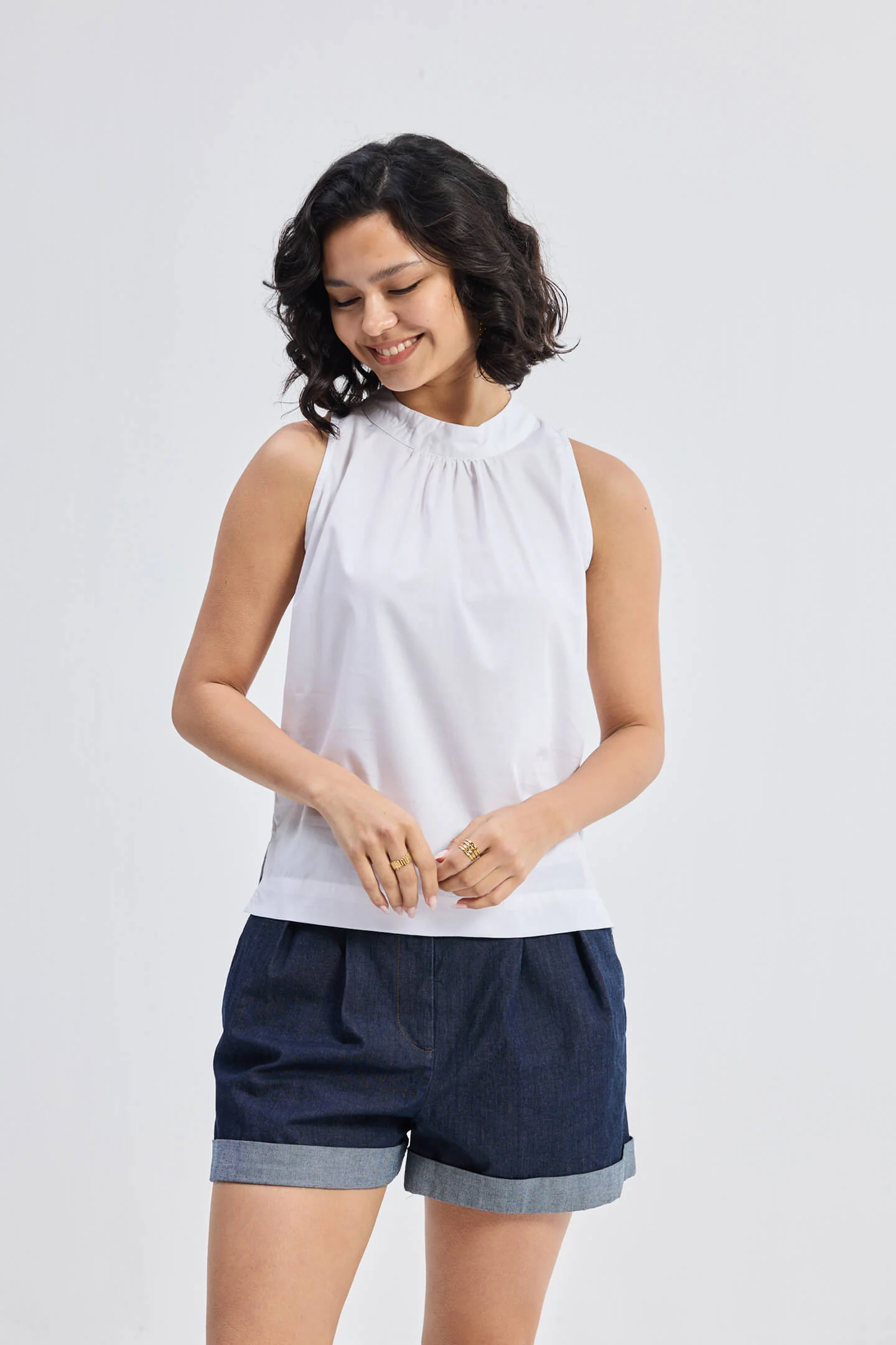 High-Neck Top with Gathers in White - Image 11