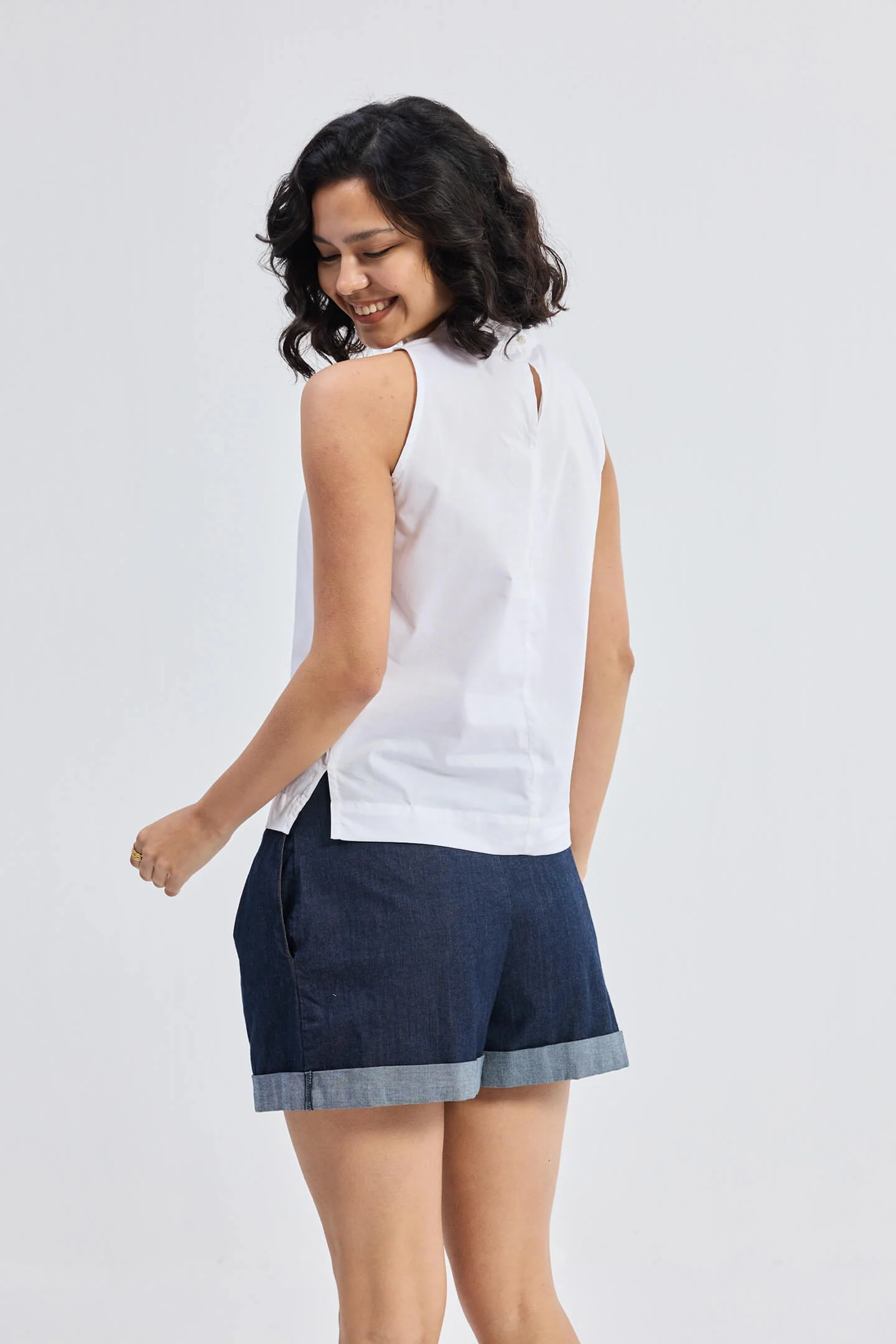 High-Neck Top with Gathers in White - Image 2