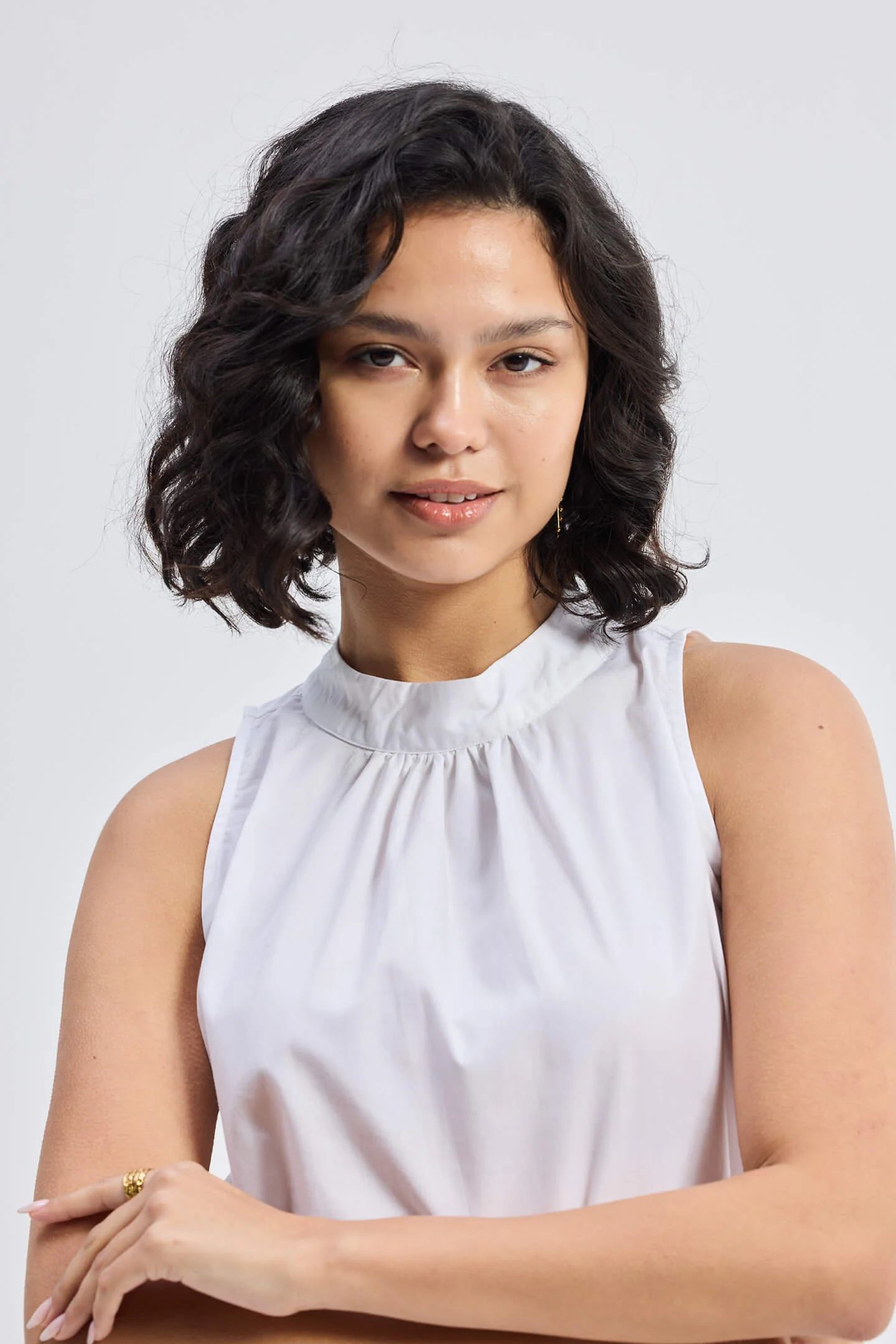 High-Neck Top with Gathers in White - Image 3