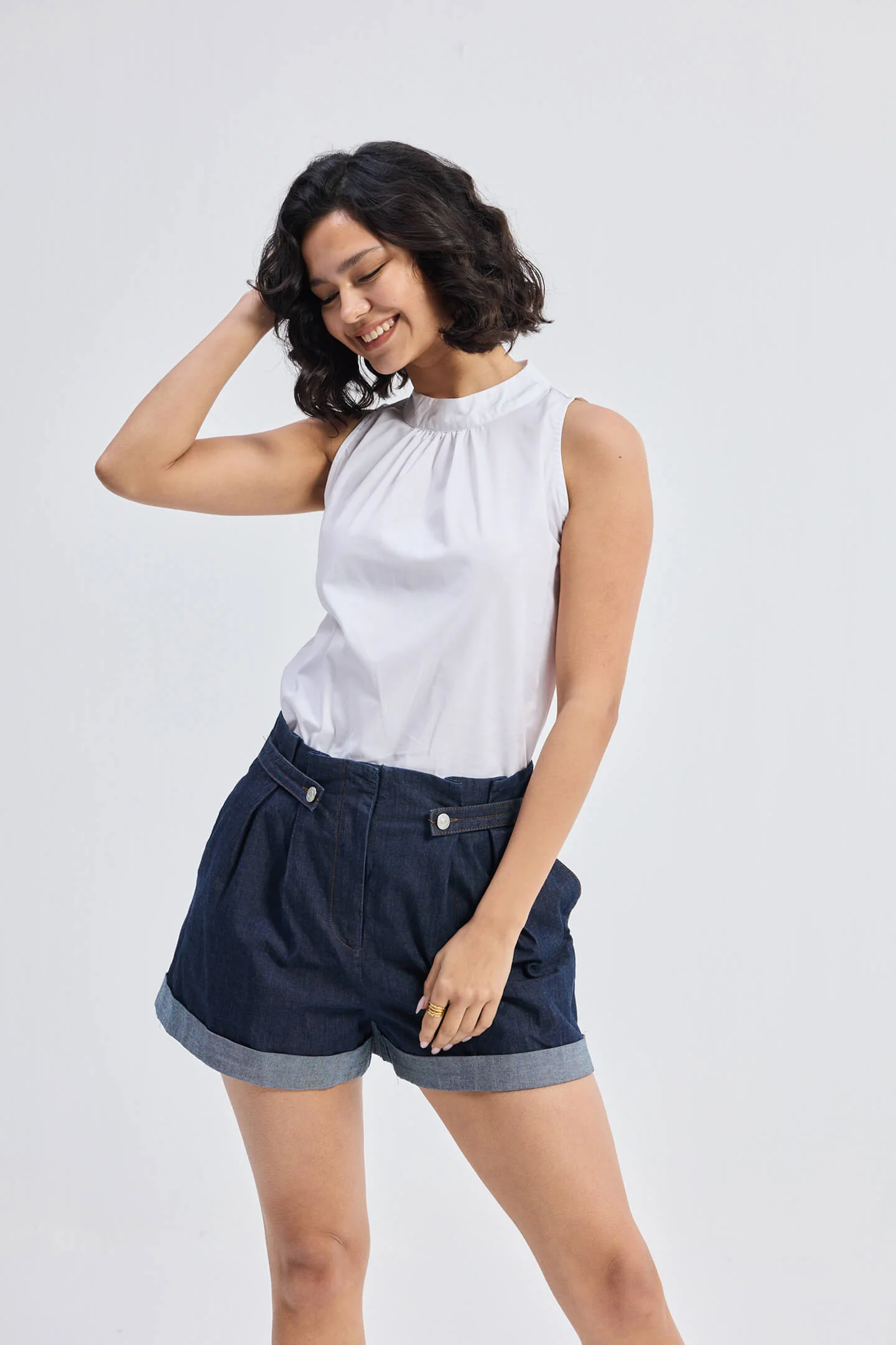 High-Neck Top with Gathers in White - Image 4