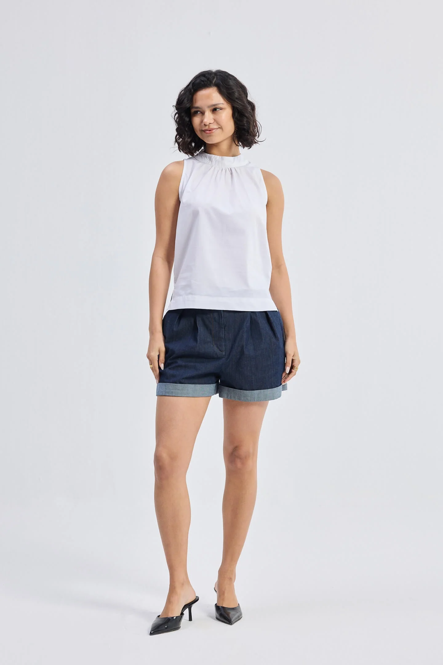 High-Neck Top with Gathers in White - Image 5