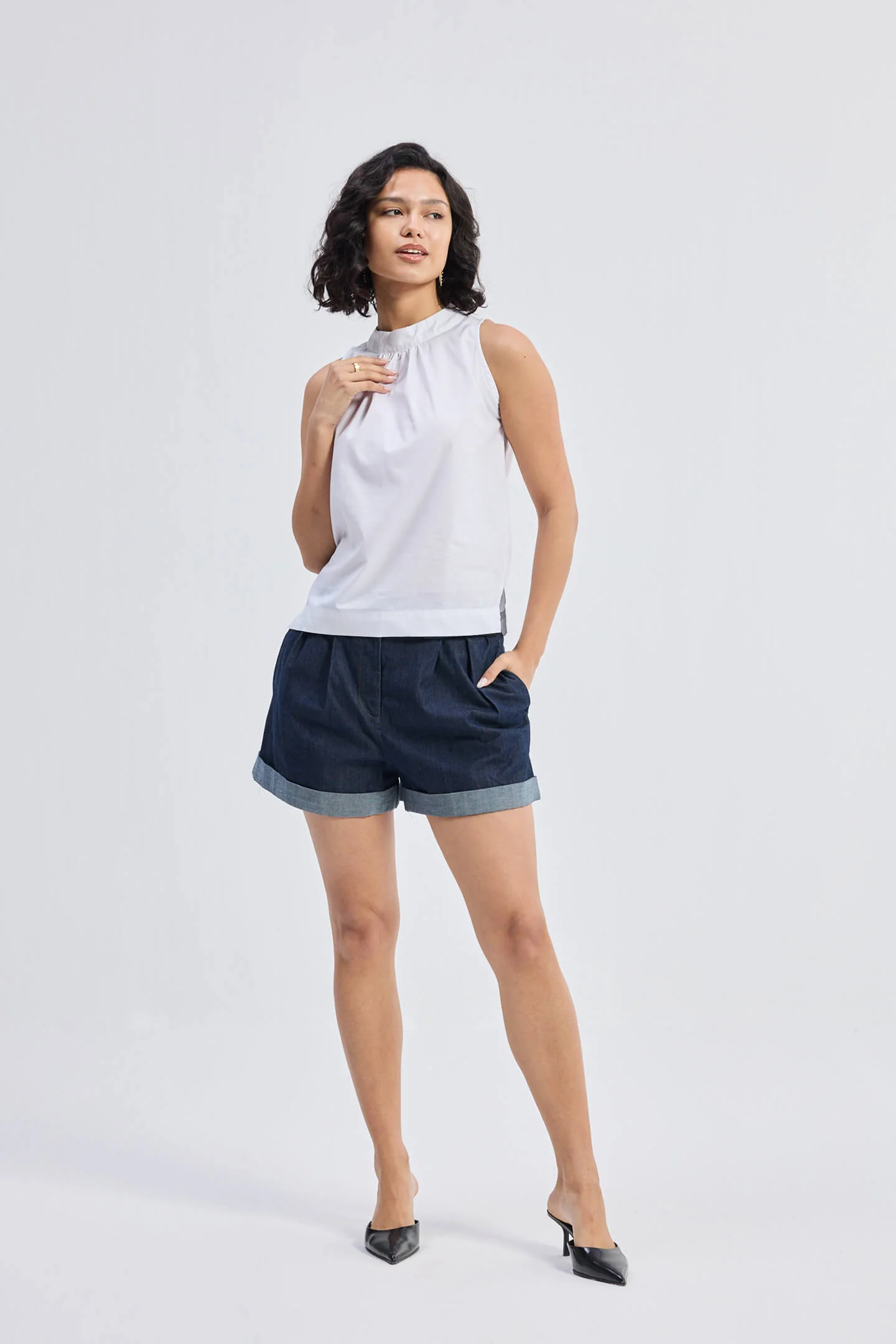High-Neck Top with Gathers in White - Image 6