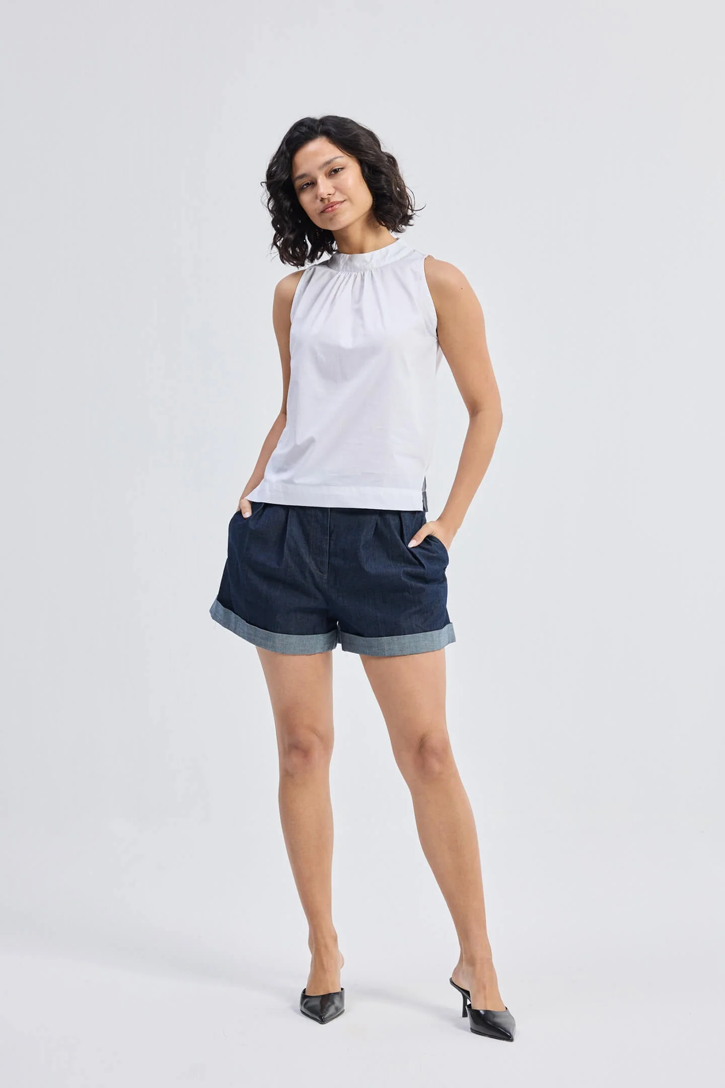 High-Neck Top with Gathers in White - Image 7
