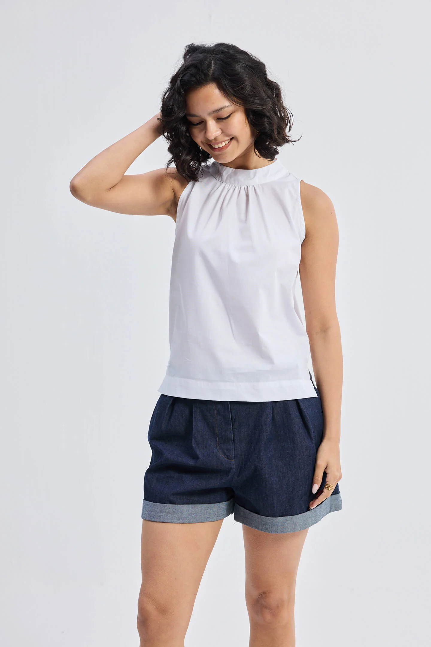 High-Neck Top with Gathers in White - Image 8