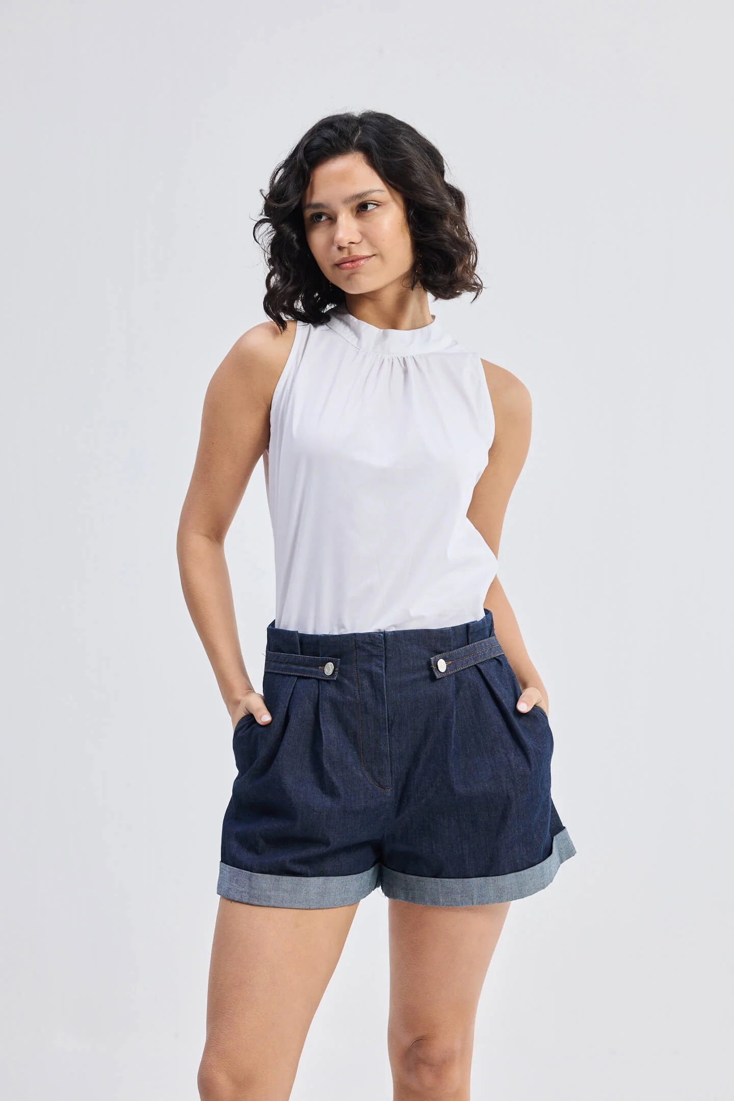 High-Neck Top with Gathers in White - Image 9
