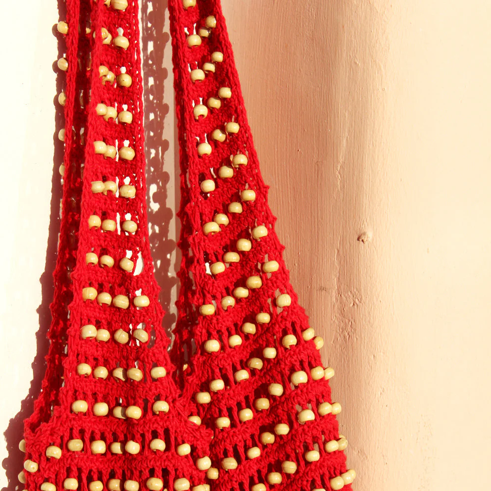 Karma Wooden Crochet Beads Bag in Red - Image 4