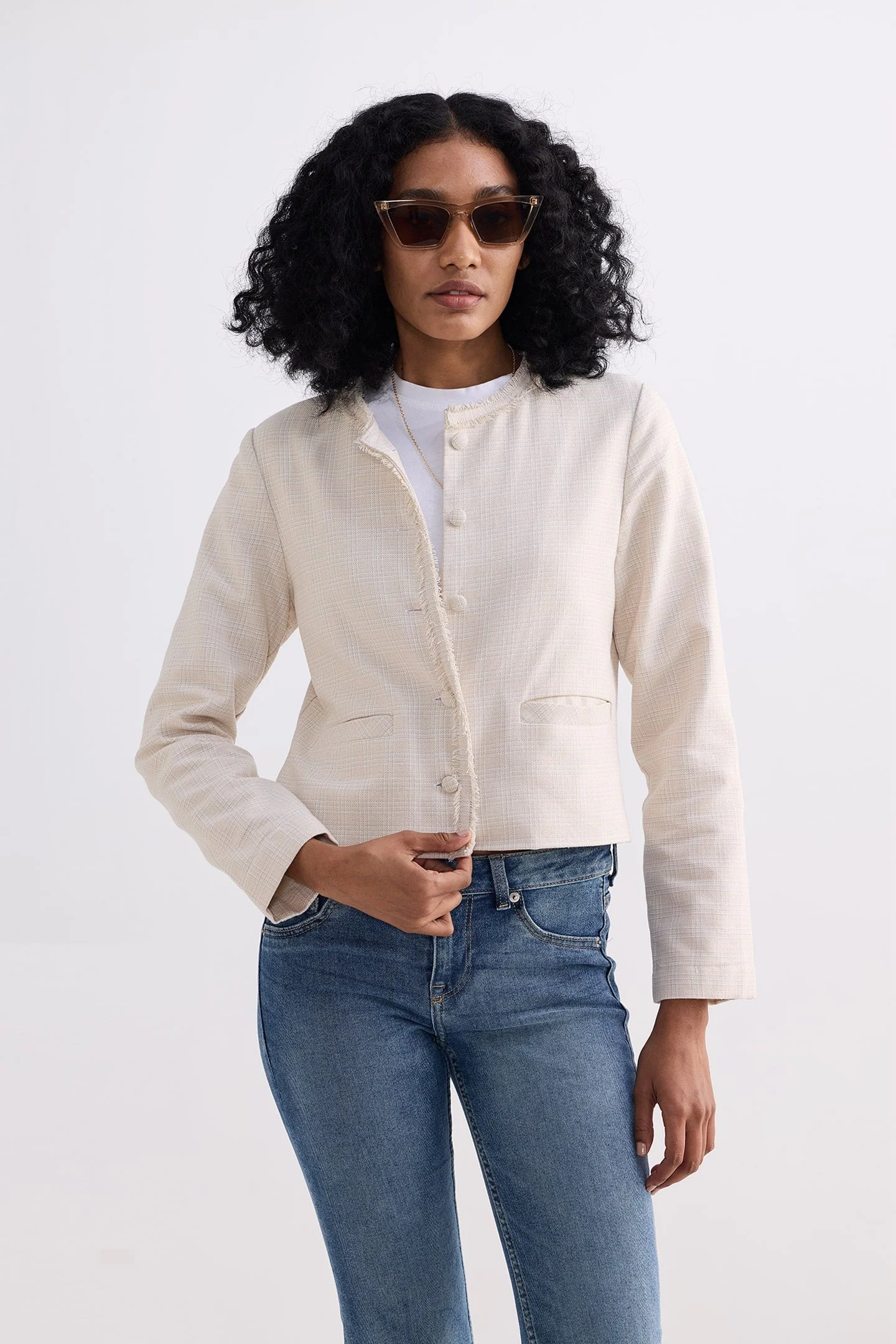 Lady Jacket in Cream Cotton Tweed - Image 3