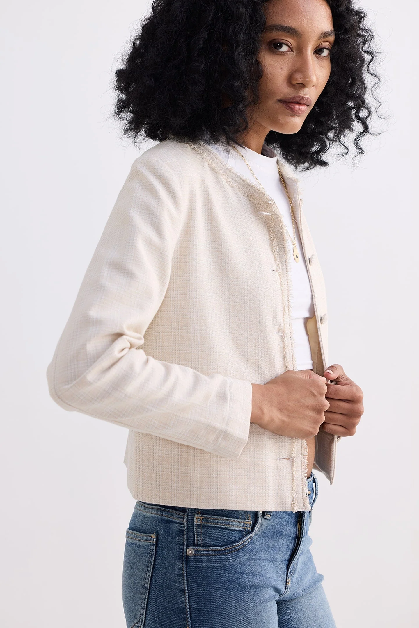 Lady Jacket in Cream Cotton Tweed - Image 7