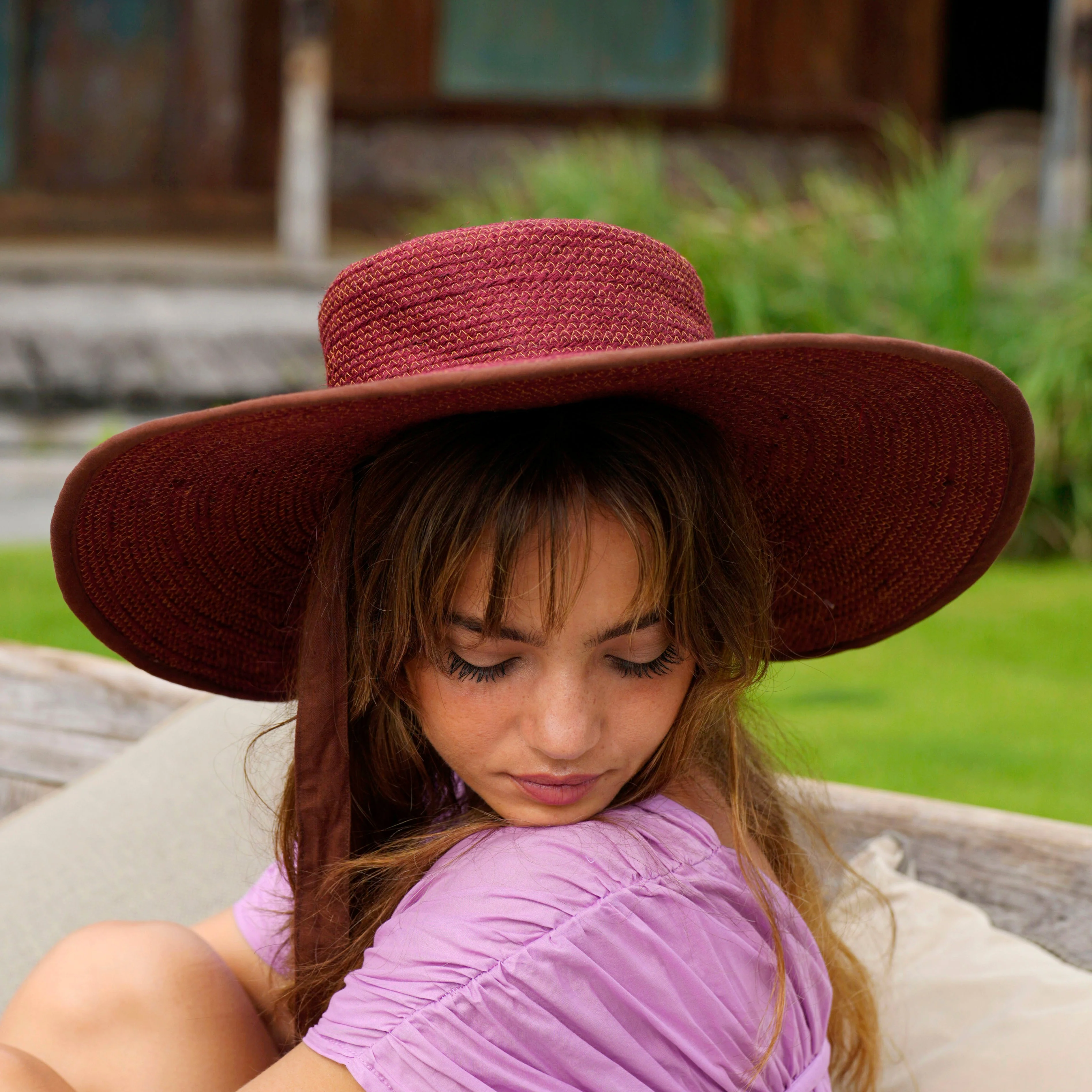 LOLO Wide-brim Jute Boater Hat in Burgundy - Image 3