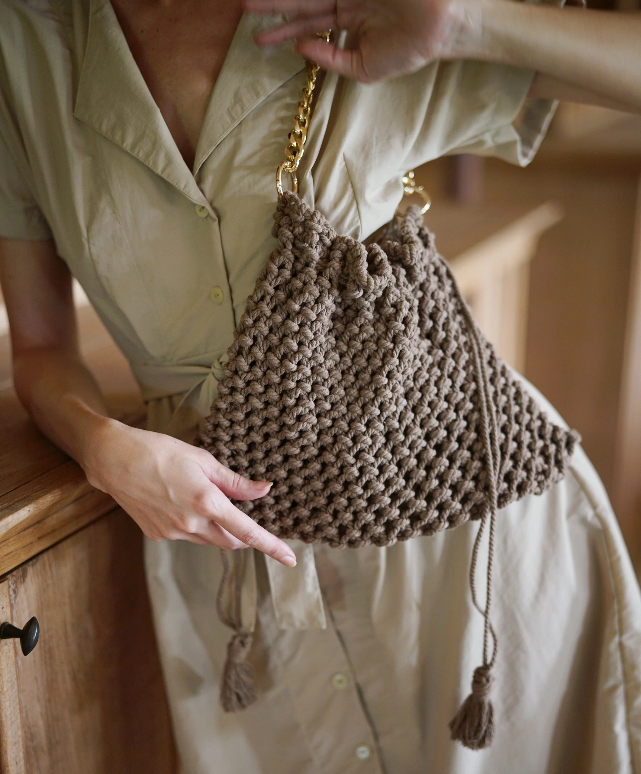 LYON Macrame Tote Bag, in Toasted Beige - Image 2