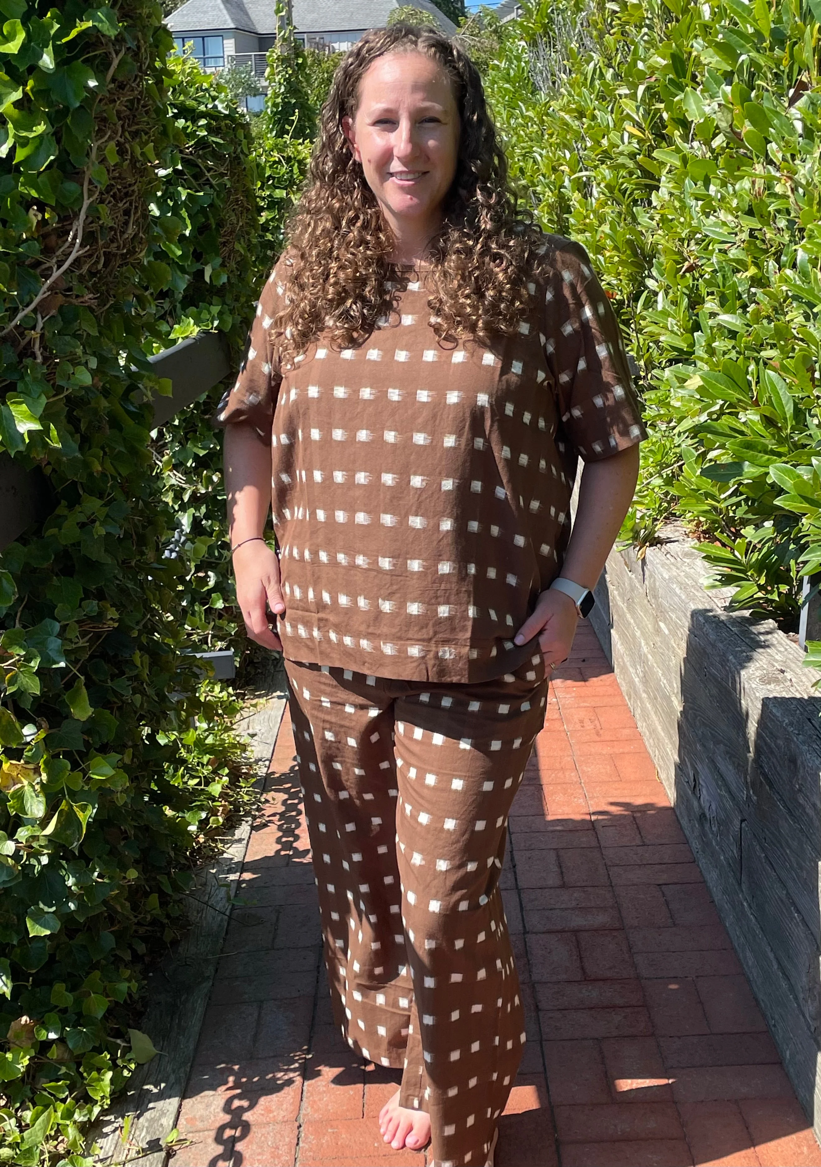 Mare Boxy Cropped Shirt Ikat Squares Mocha - Image 10