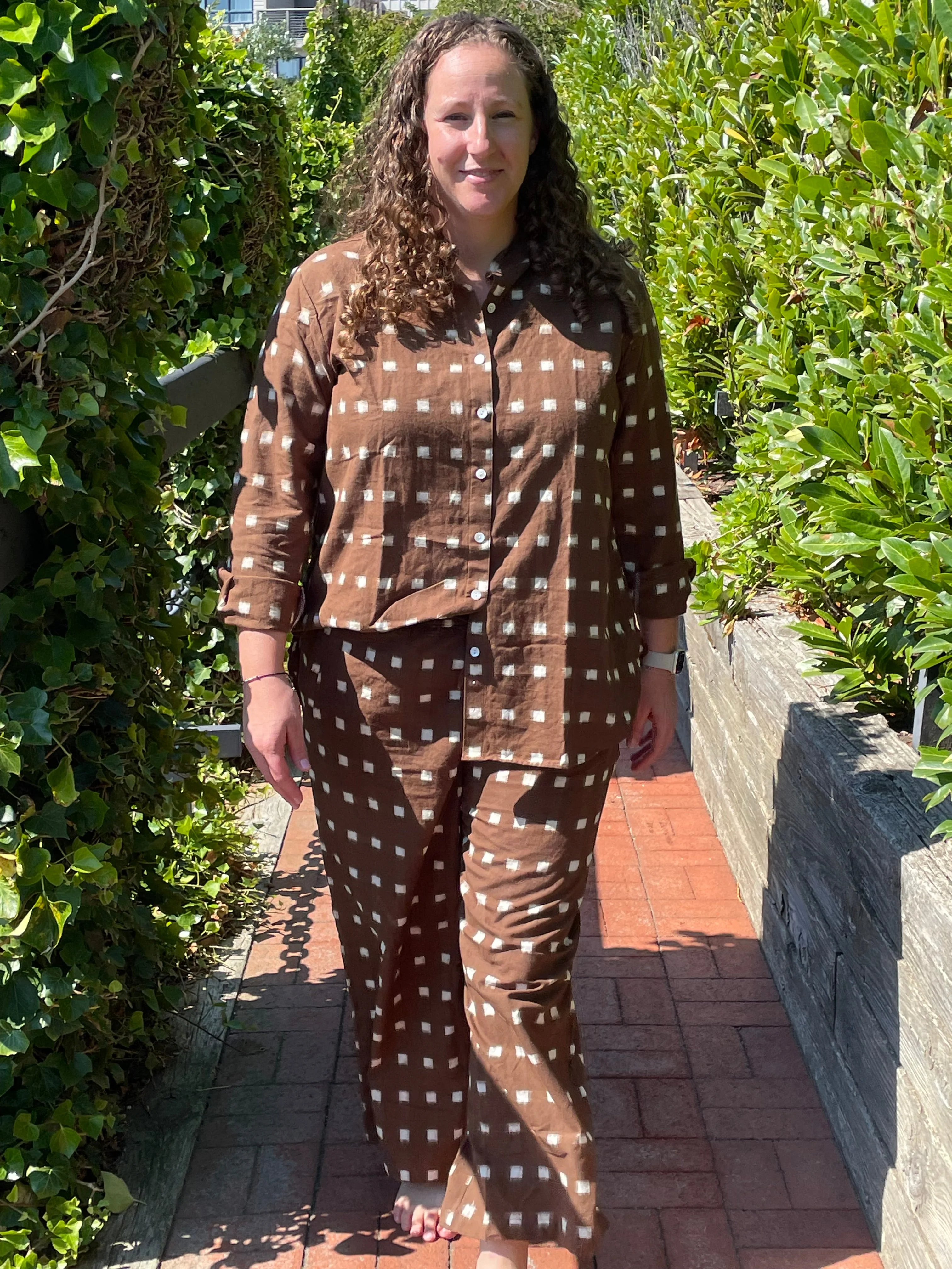 Mare Boxy Cropped Shirt Ikat Squares Mocha - Image 8