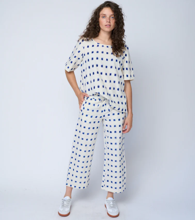 Mare Boxy Cropped Shirt Ikat Squares Natural Cobalt - Image 2