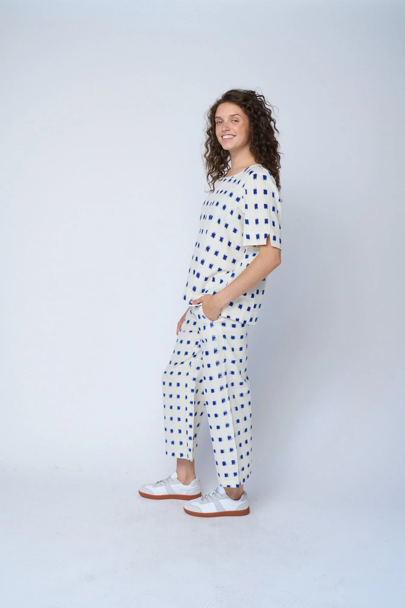 Mare Boxy Cropped Shirt Ikat Squares Natural Cobalt - Image 8