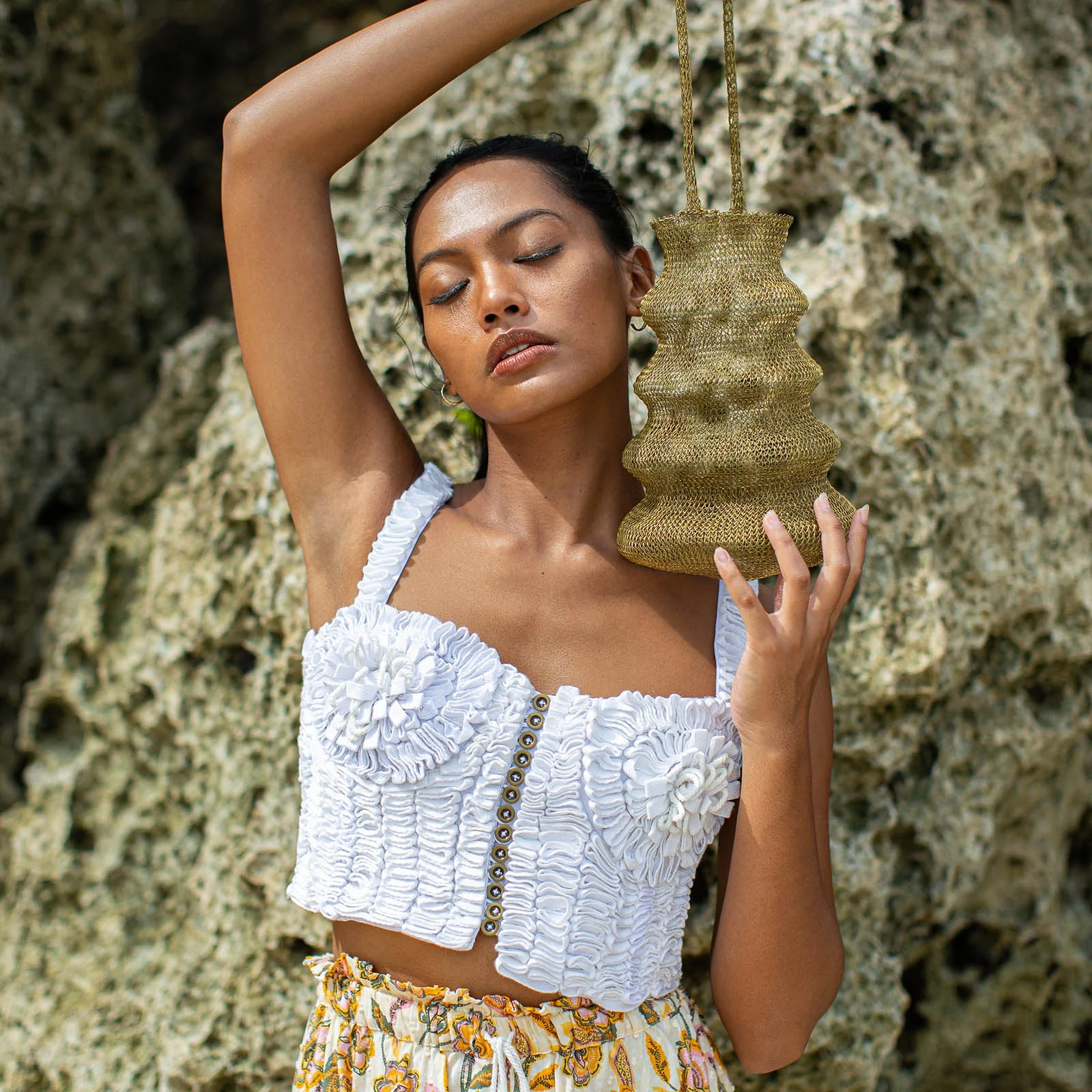 MARIGOLD Hand-embroidered Ribbon Bustier Top In White - Image 4