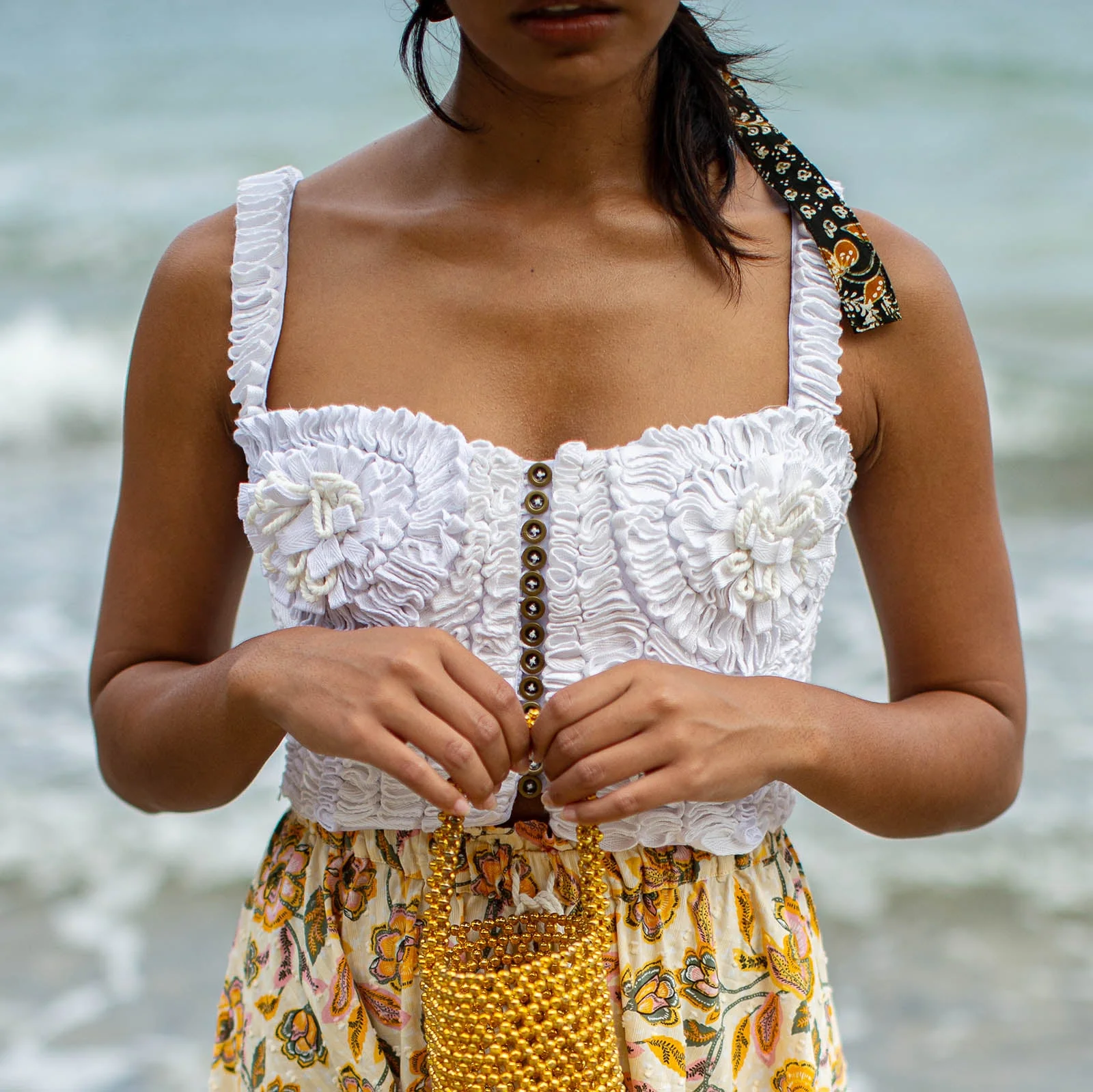 MARIGOLD Hand-embroidered Ribbon Bustier Top In White - Image 5