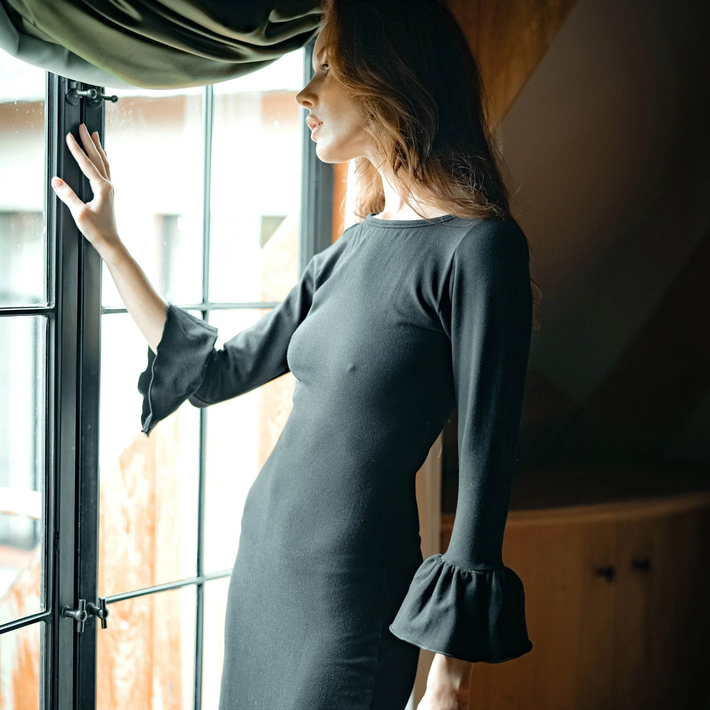 MARJORIE Bamboo Ruffle Dress, in Black - Image 3