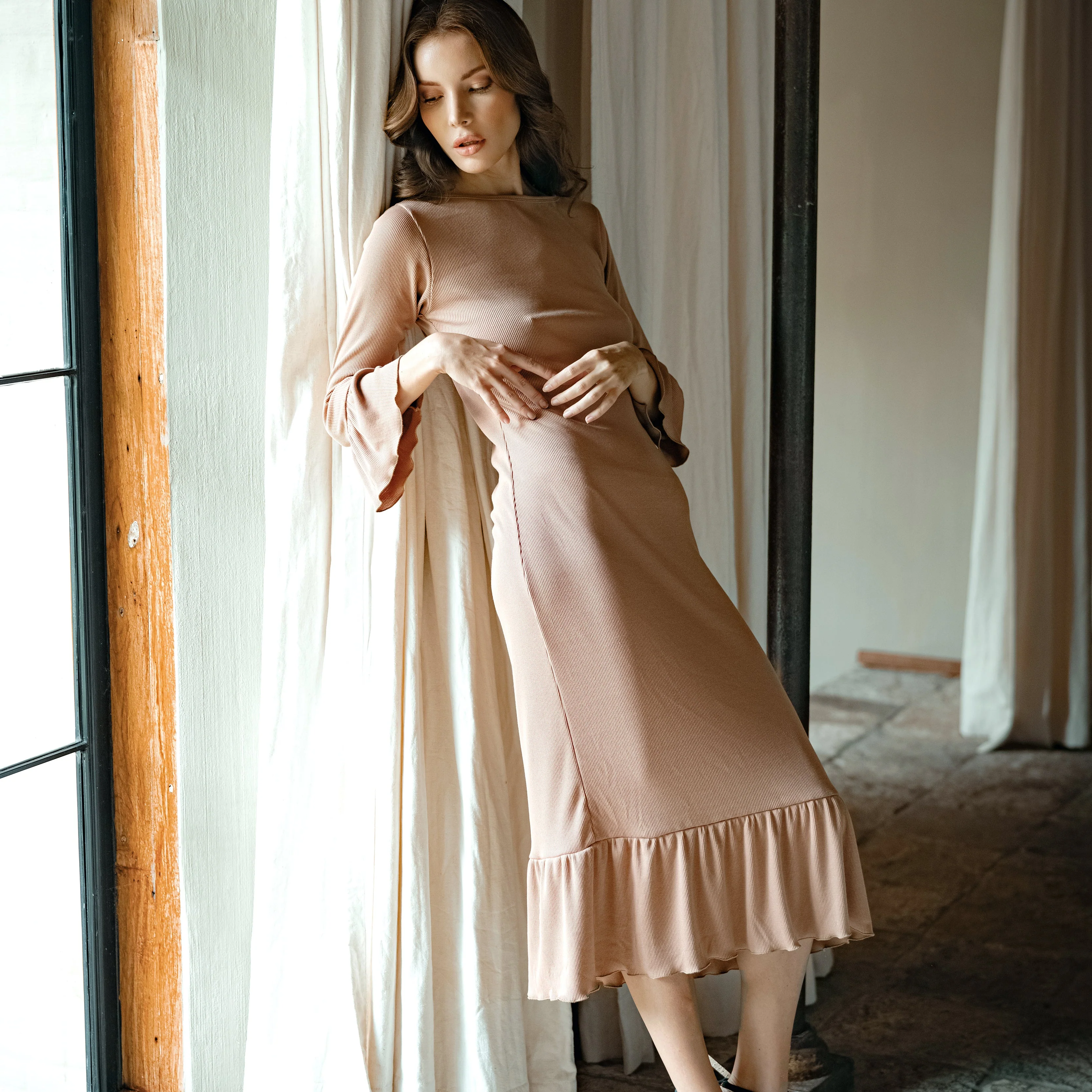 MARJORIE Ruffle Rib Dress, in Camel Brown - Image 2