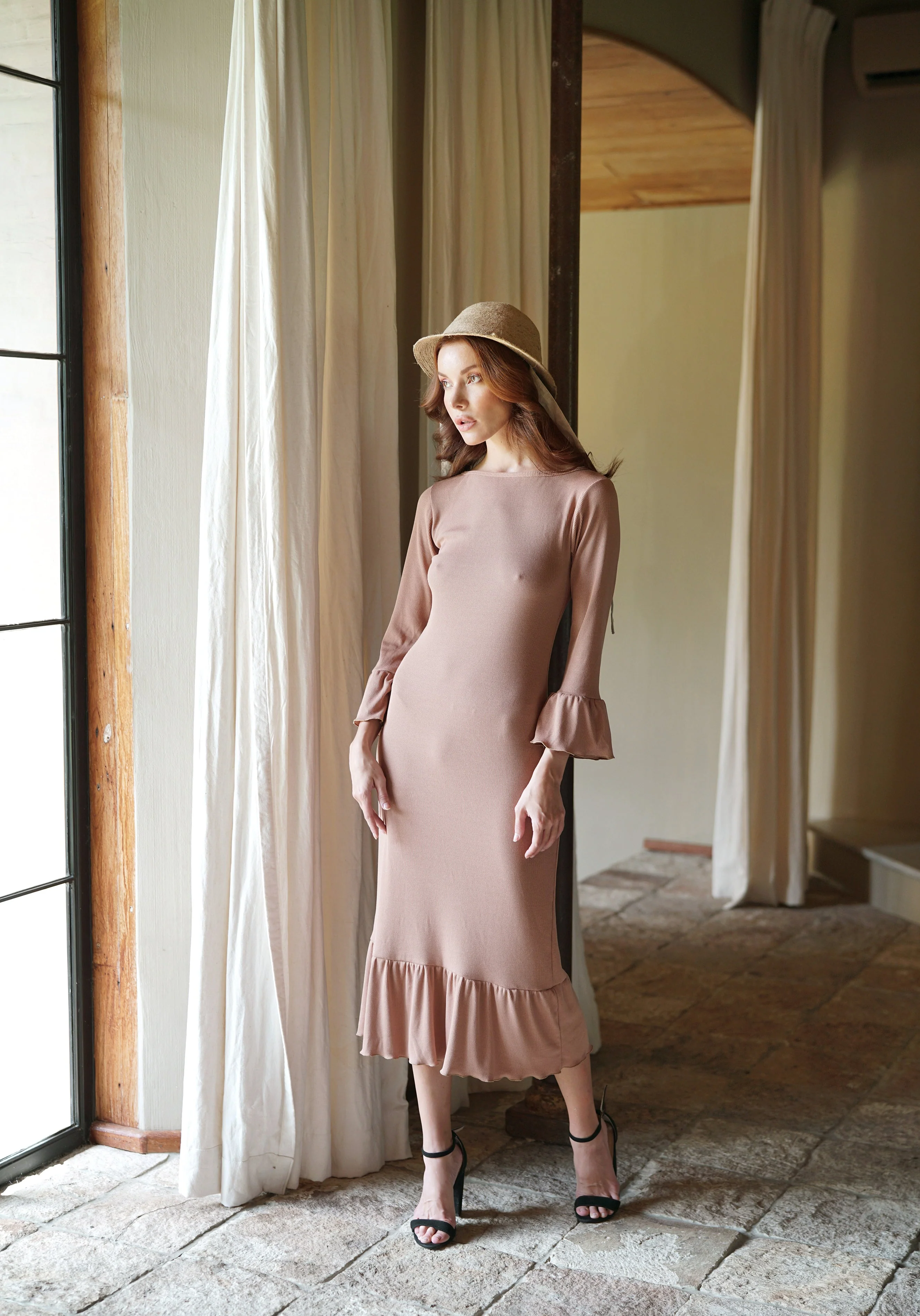 MARJORIE Ruffle Rib Dress, in Camel Brown - Image 7