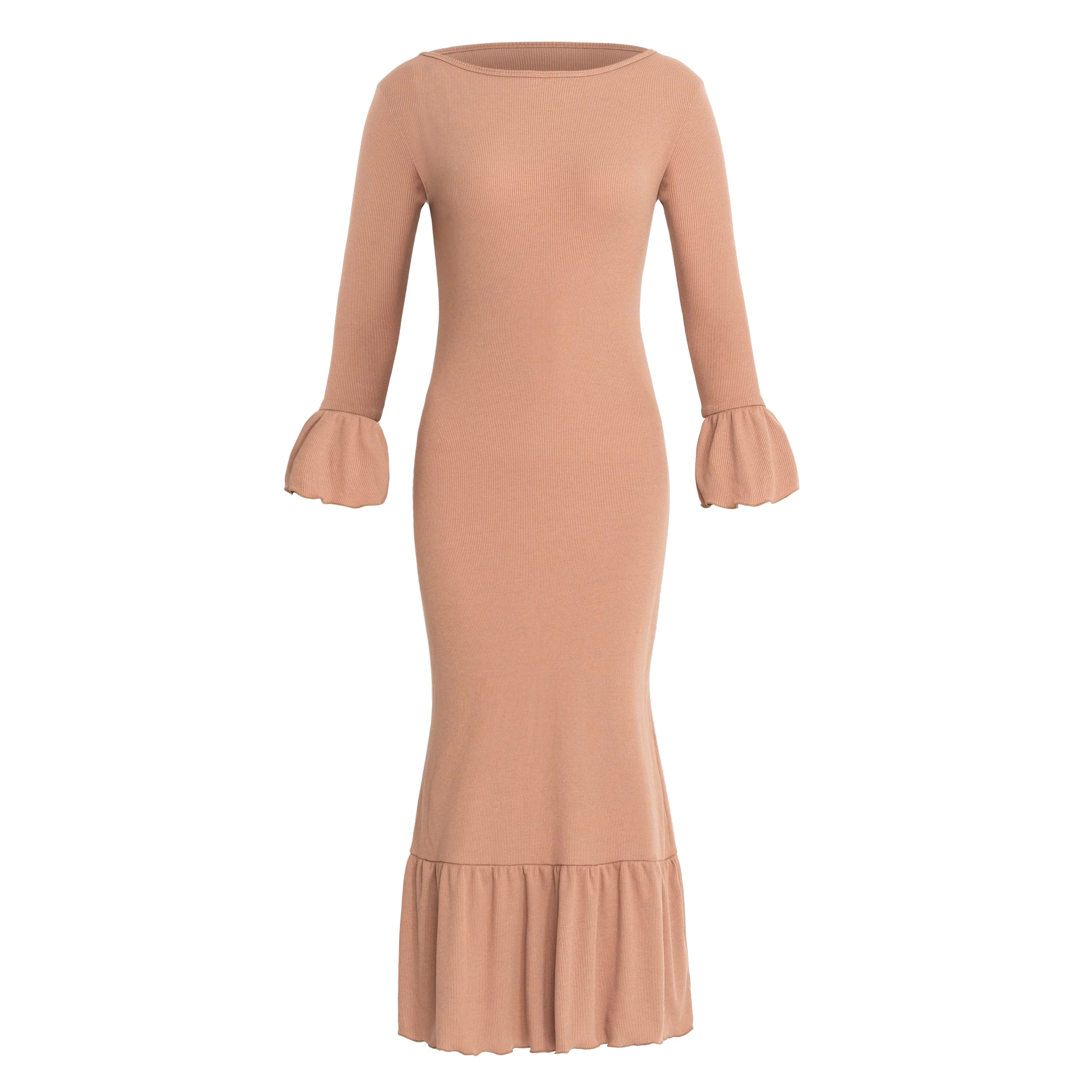 MARJORIE Ruffle Rib Dress, in Camel Brown - Image 8