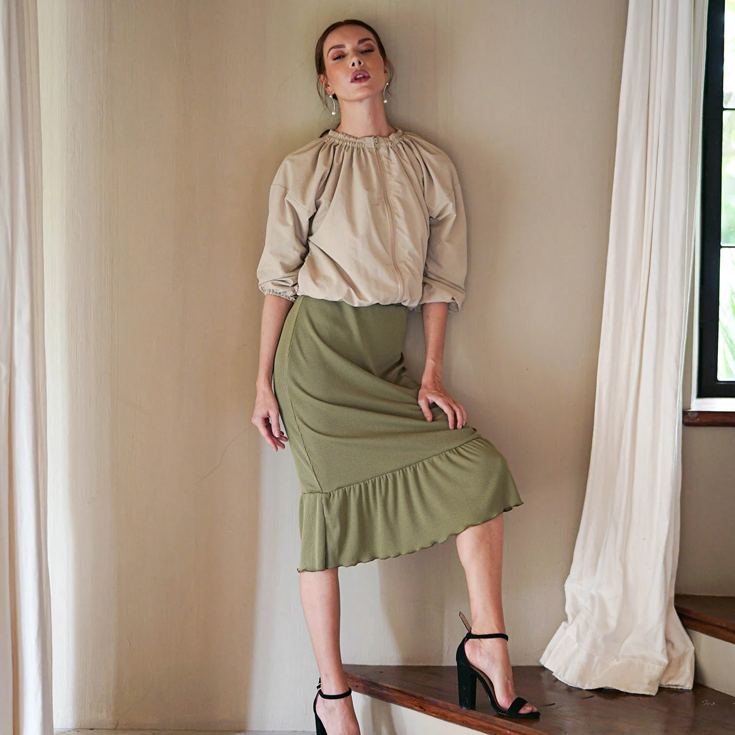 MARJORIE Ruffle Rib Skirt In Moss Green - Image 3