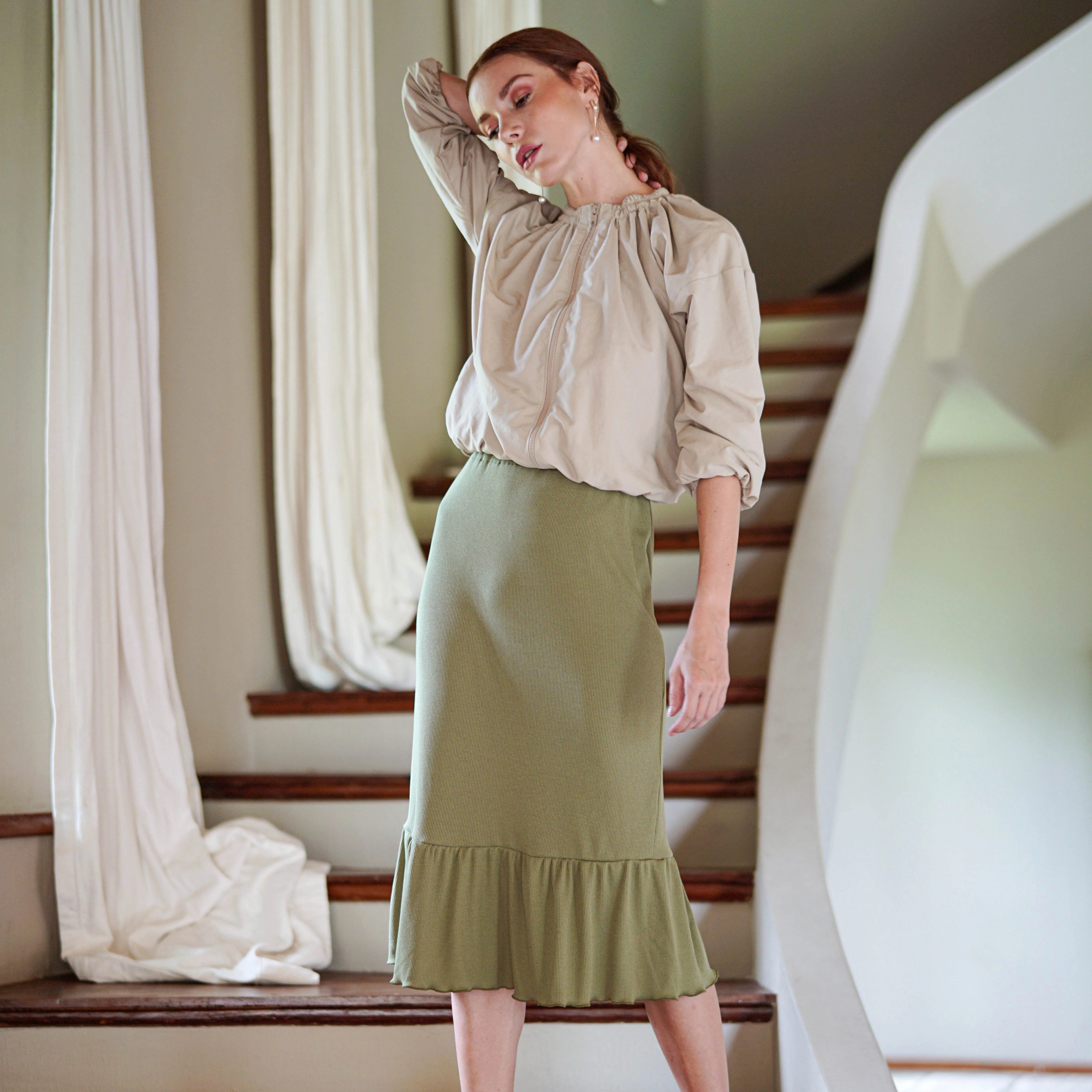 MARJORIE Ruffle Rib Skirt In Moss Green - Image 4