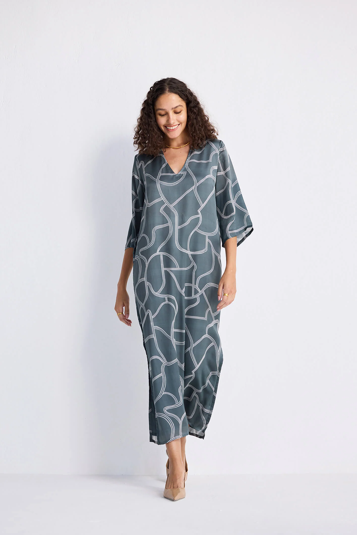 Maxi Dress with Side Slits in Abstract Stripes - Image 10