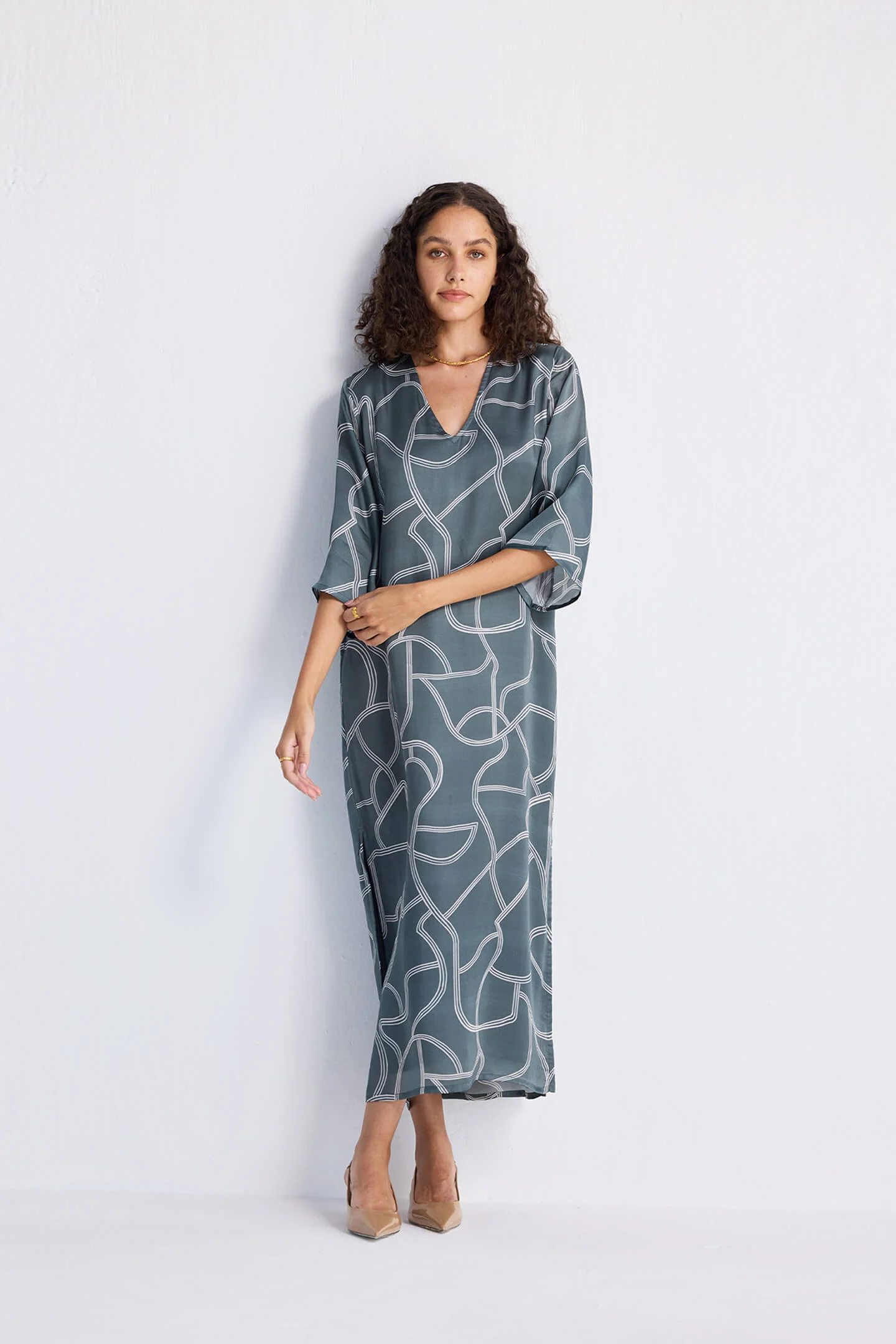 Maxi Dress with Side Slits in Abstract Stripes - Image 11