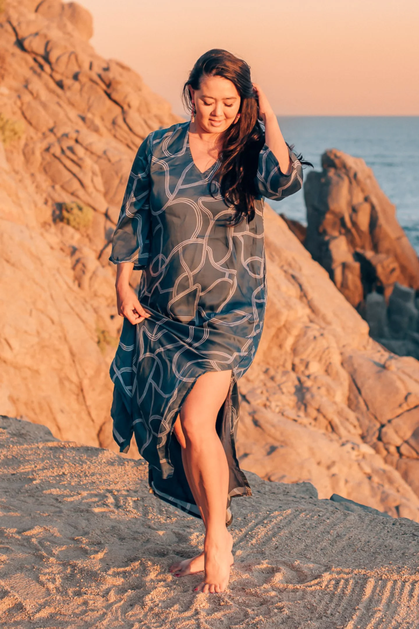 Maxi Dress with Side Slits in Abstract Stripes - Image 13