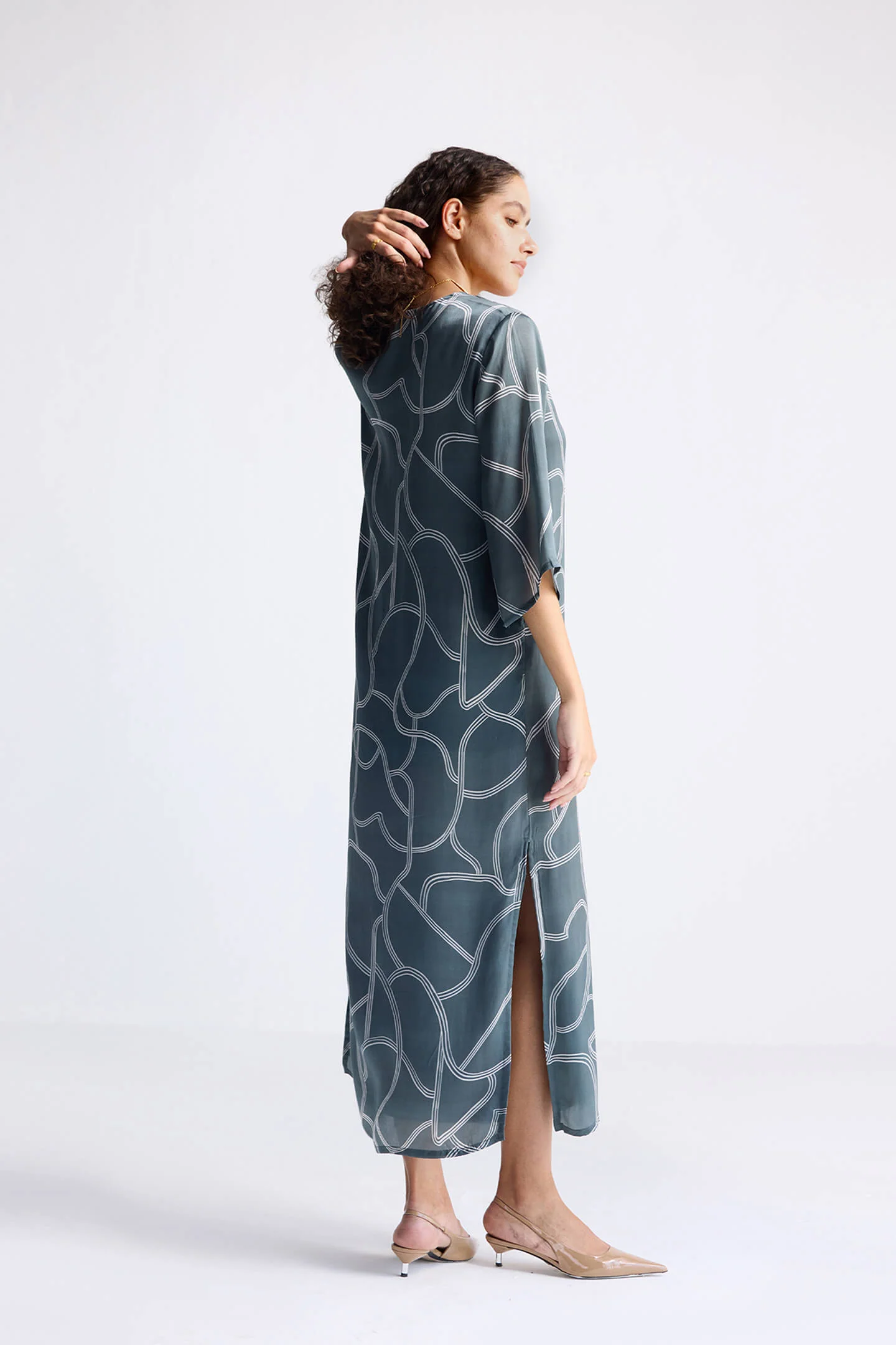 Maxi Dress with Side Slits in Abstract Stripes - Image 2