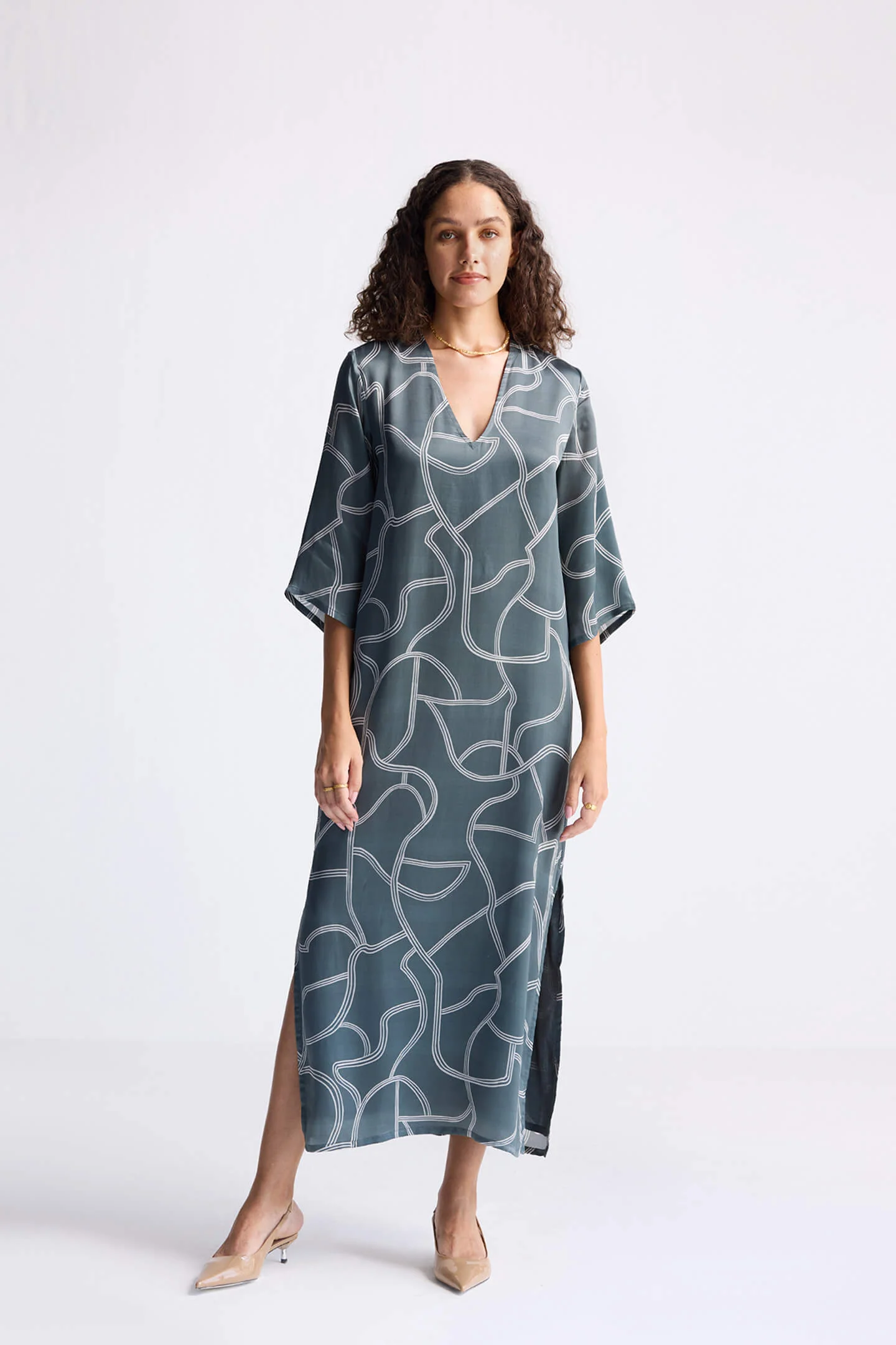 Maxi Dress with Side Slits in Abstract Stripes - Image 4