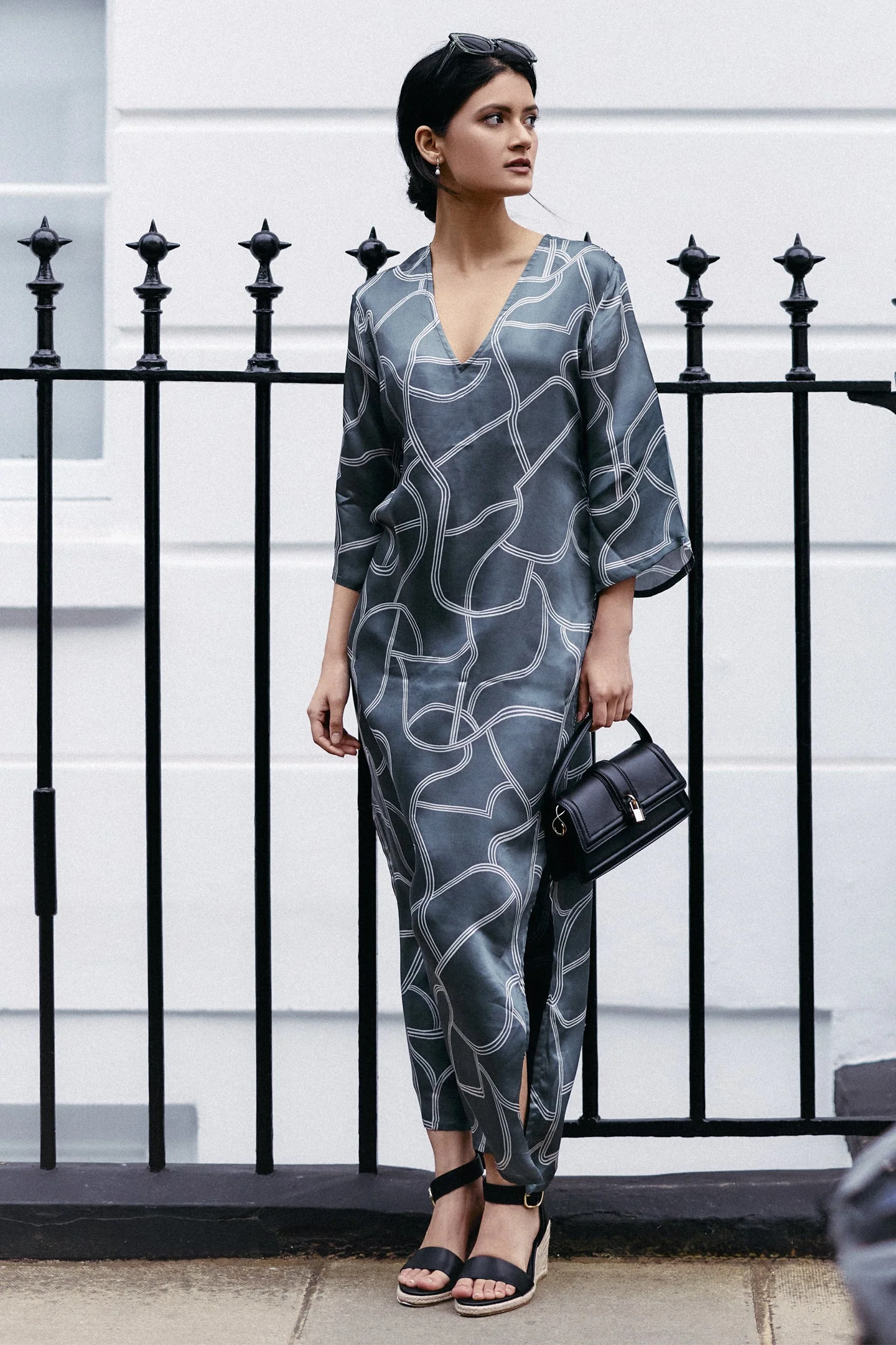Maxi Dress with Side Slits in Abstract Stripes - Image 5