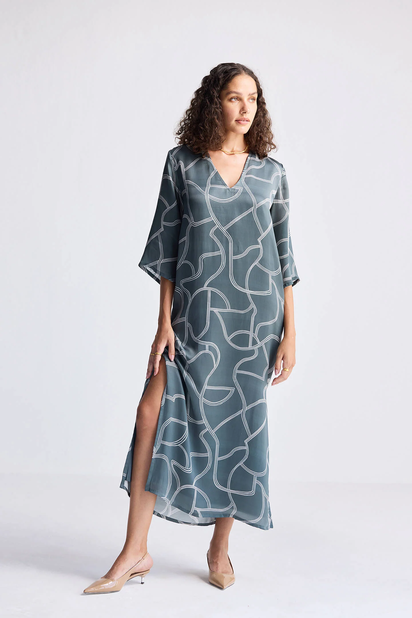 Maxi Dress with Side Slits in Abstract Stripes - Image 7