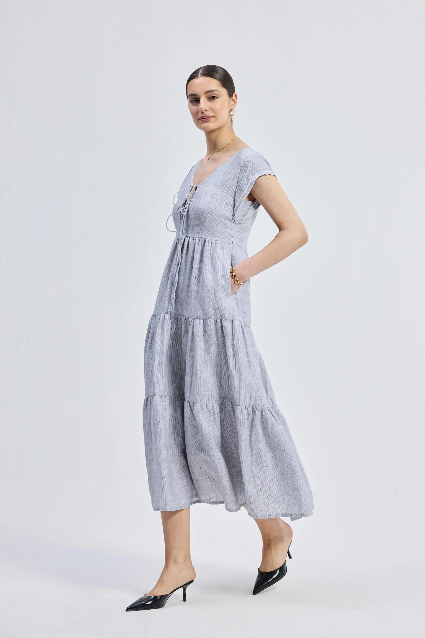 Maxi Tiered Dress with Front-ties in Linen Stripes - Image 10