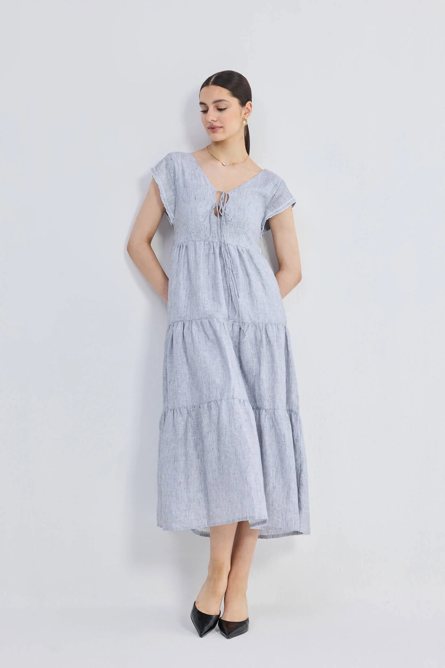 Maxi Tiered Dress with Front-ties in Linen Stripes - Image 11