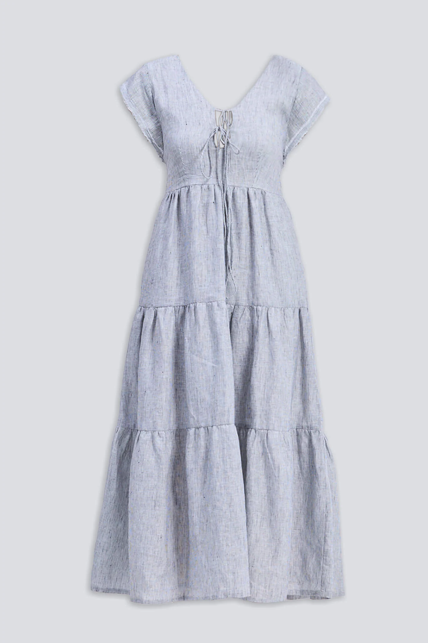Maxi Tiered Dress with Front-ties in Linen Stripes - Image 12