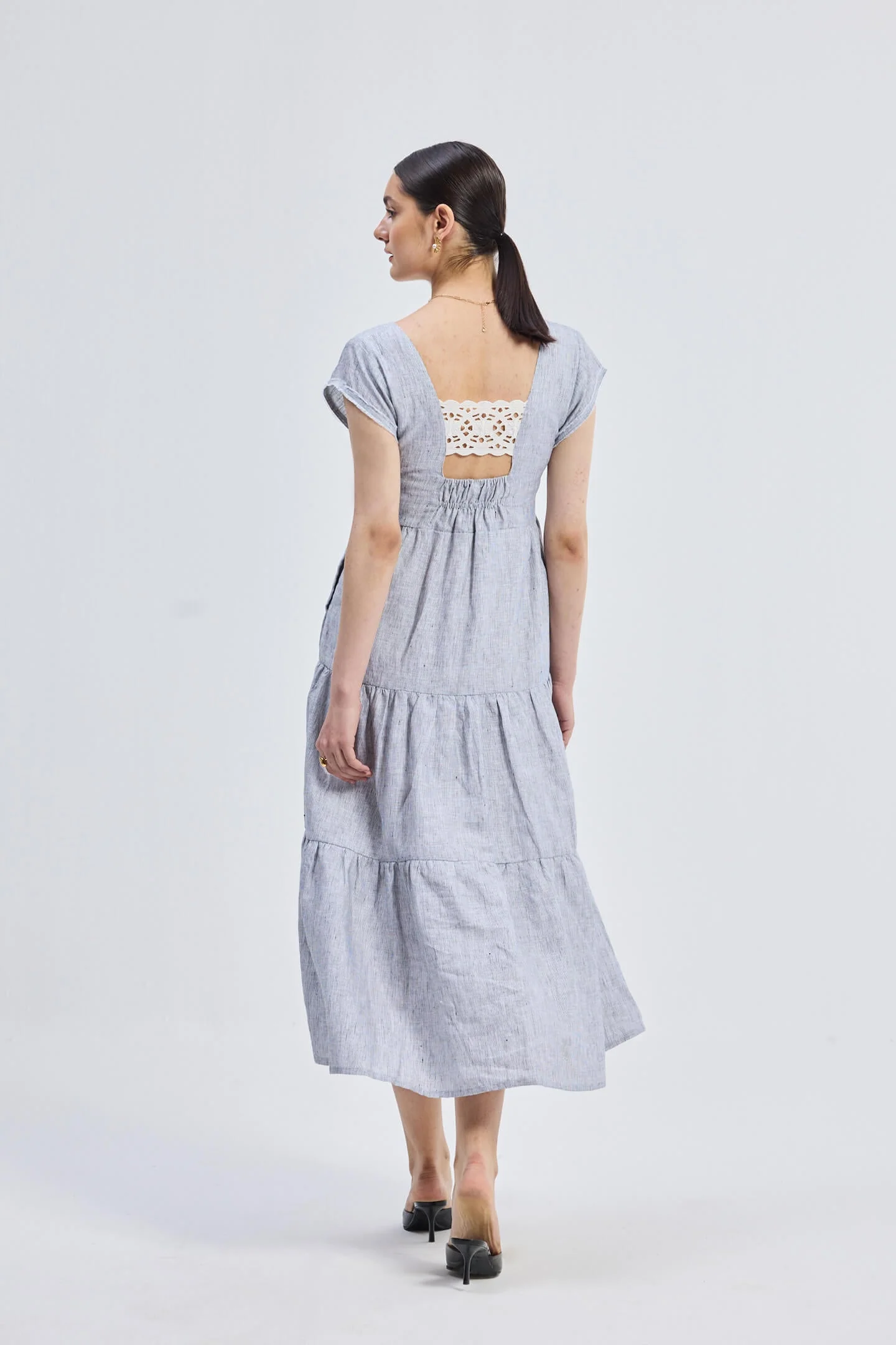 Maxi Tiered Dress with Front-ties in Linen Stripes - Image 2