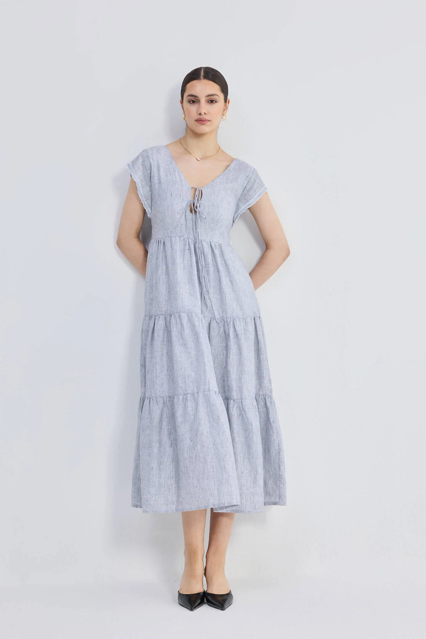 Maxi Tiered Dress with Front-ties in Linen Stripes - Image 3