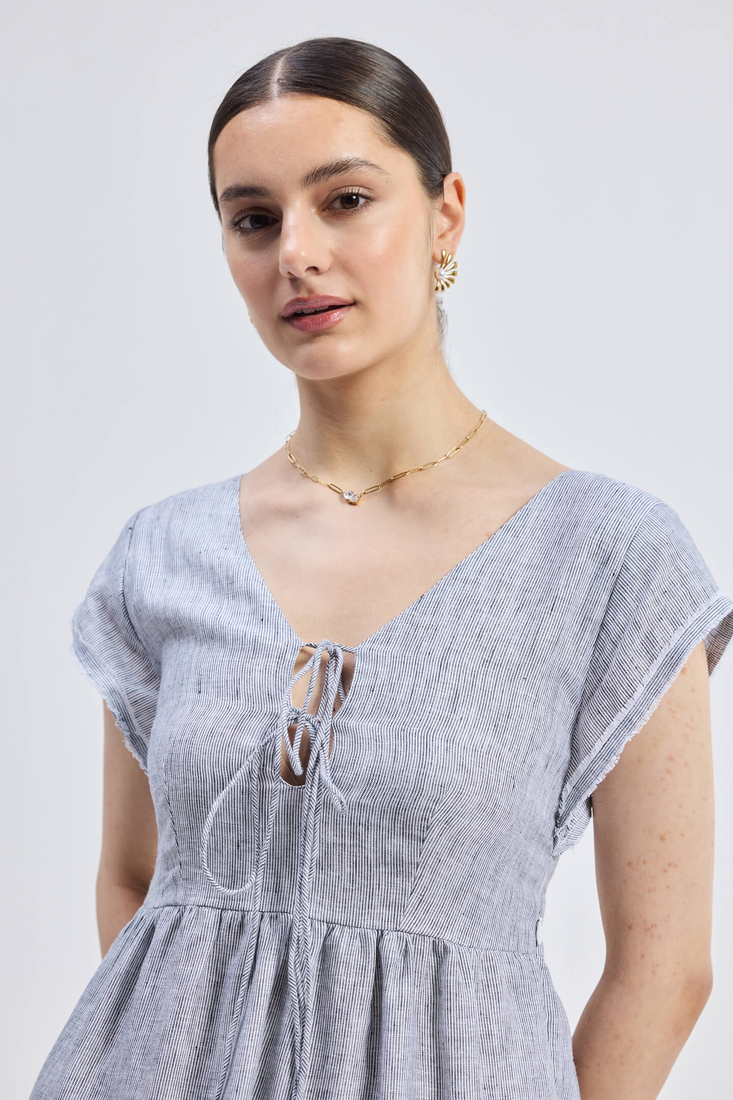 Maxi Tiered Dress with Front-ties in Linen Stripes - Image 4