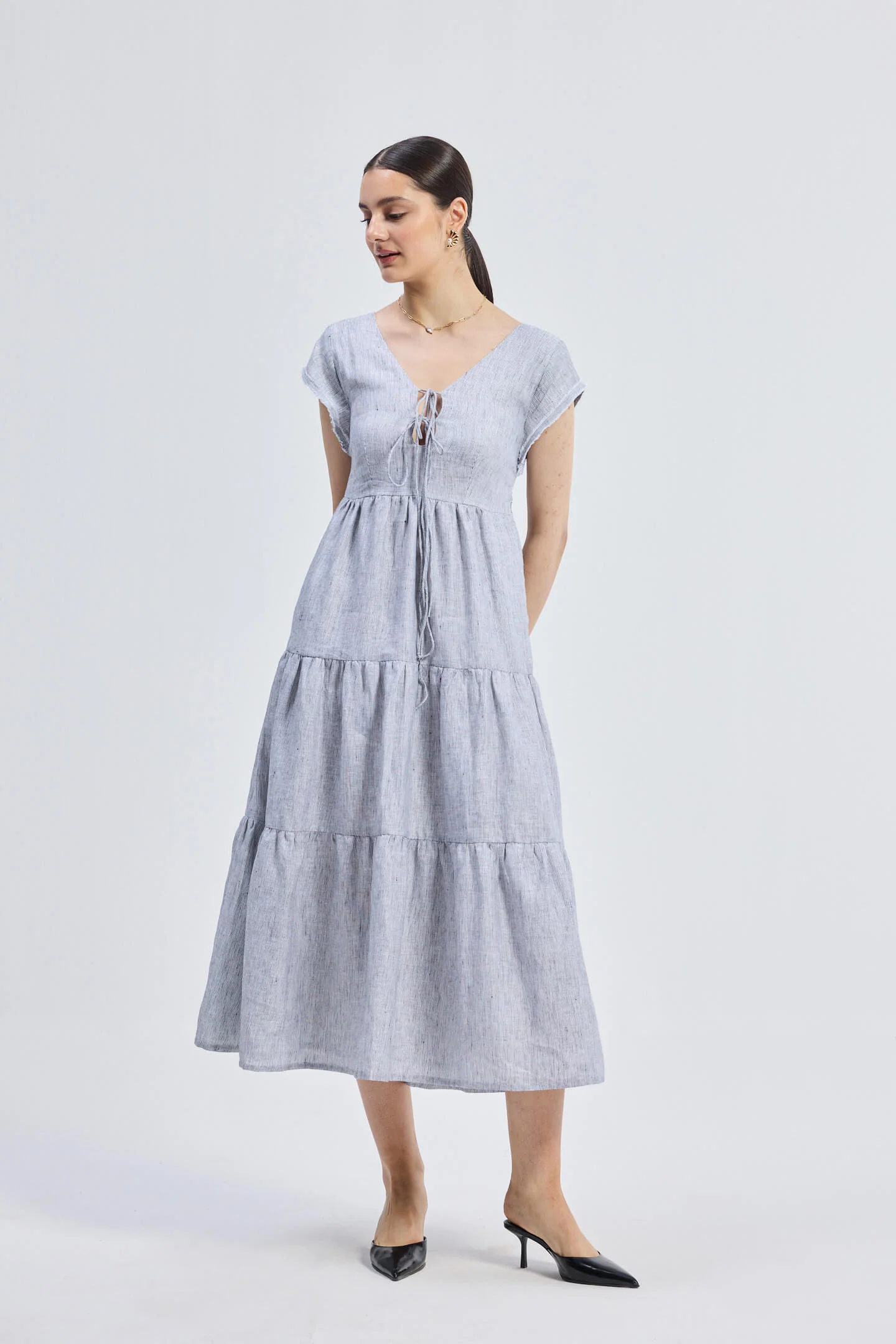 Maxi Tiered Dress with Front-ties in Linen Stripes - Image 5