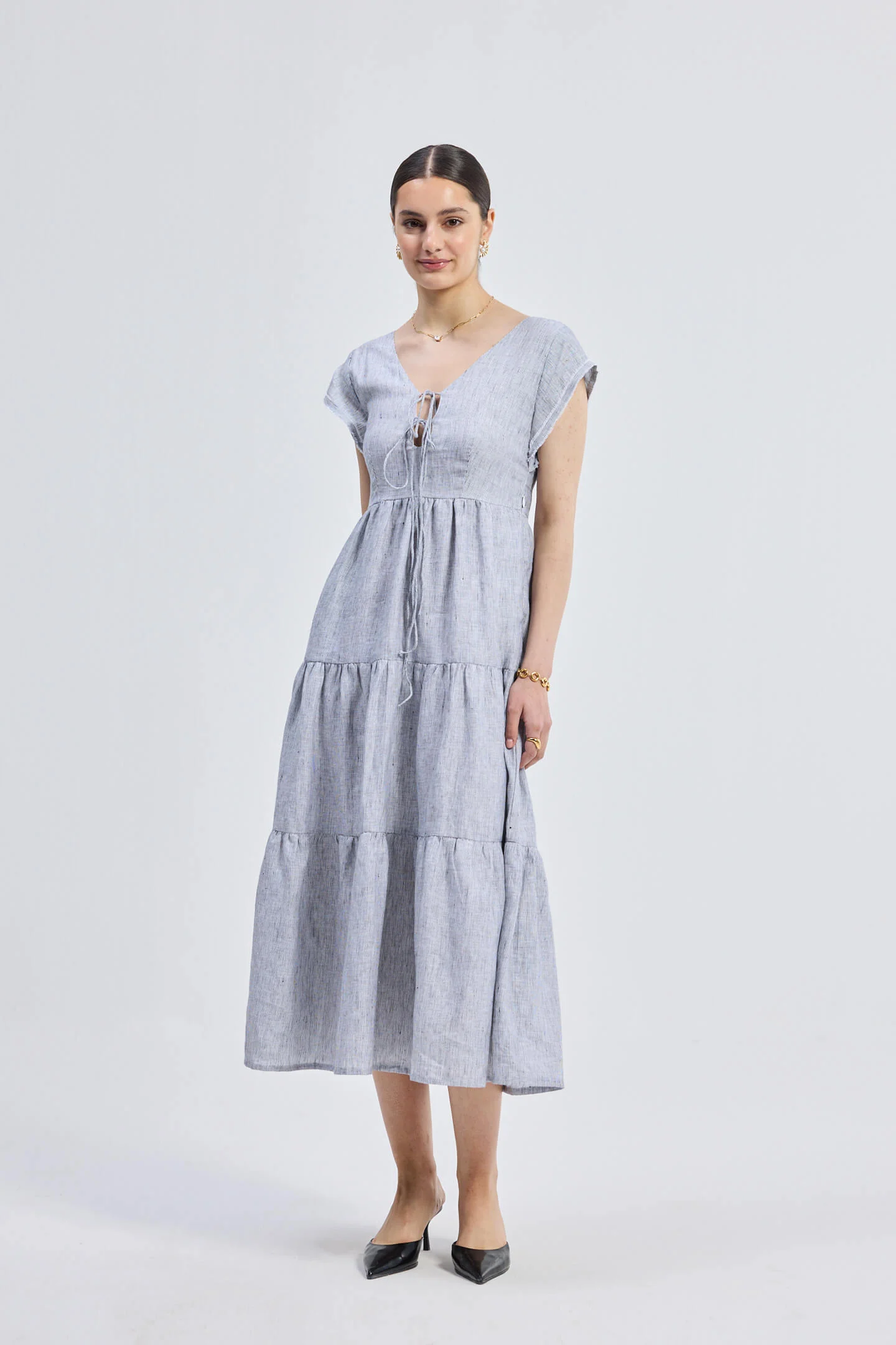 Maxi Tiered Dress with Front-ties in Linen Stripes - Image 6
