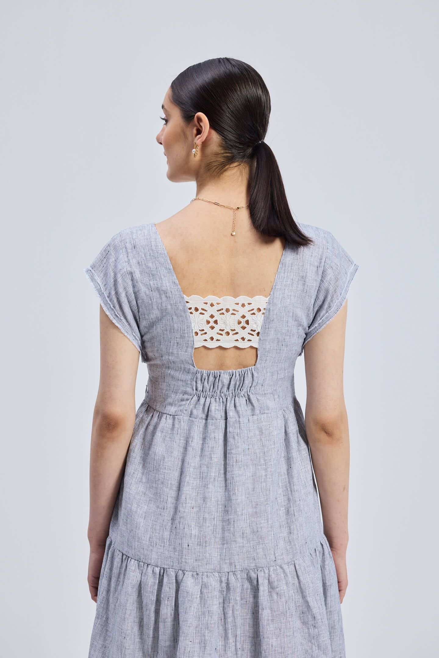 Maxi Tiered Dress with Front-ties in Linen Stripes - Image 7
